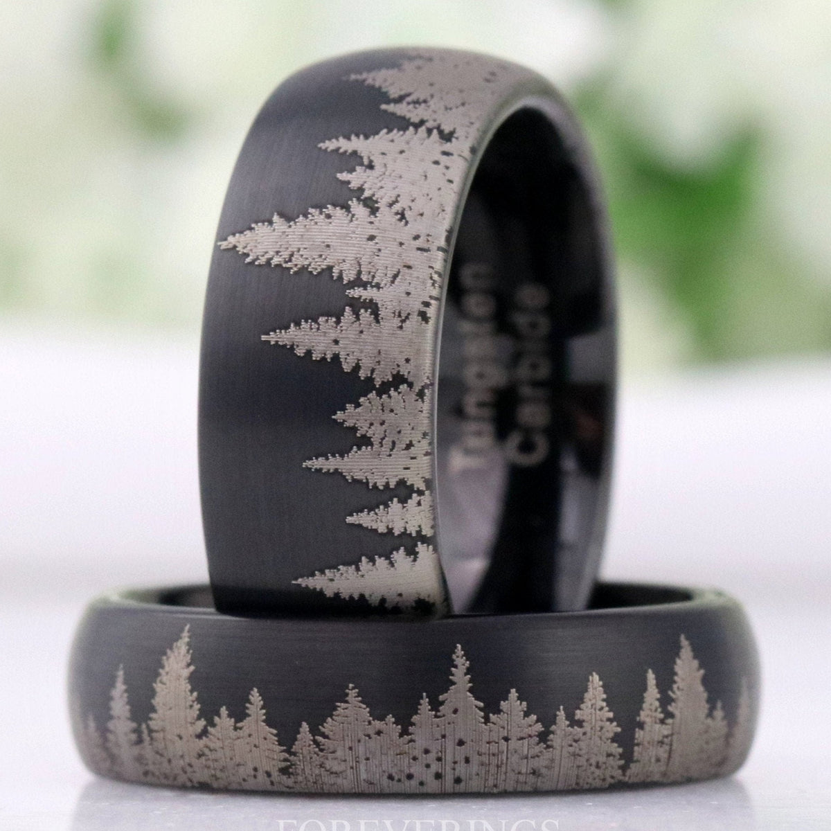 Mens Black Forest Ring, Tree Wedding Band, Matte Black Tungsten Ring, 8mm-6mm Mens Wedding Band, Pine Landscape Ring, Custom Engraved Ring