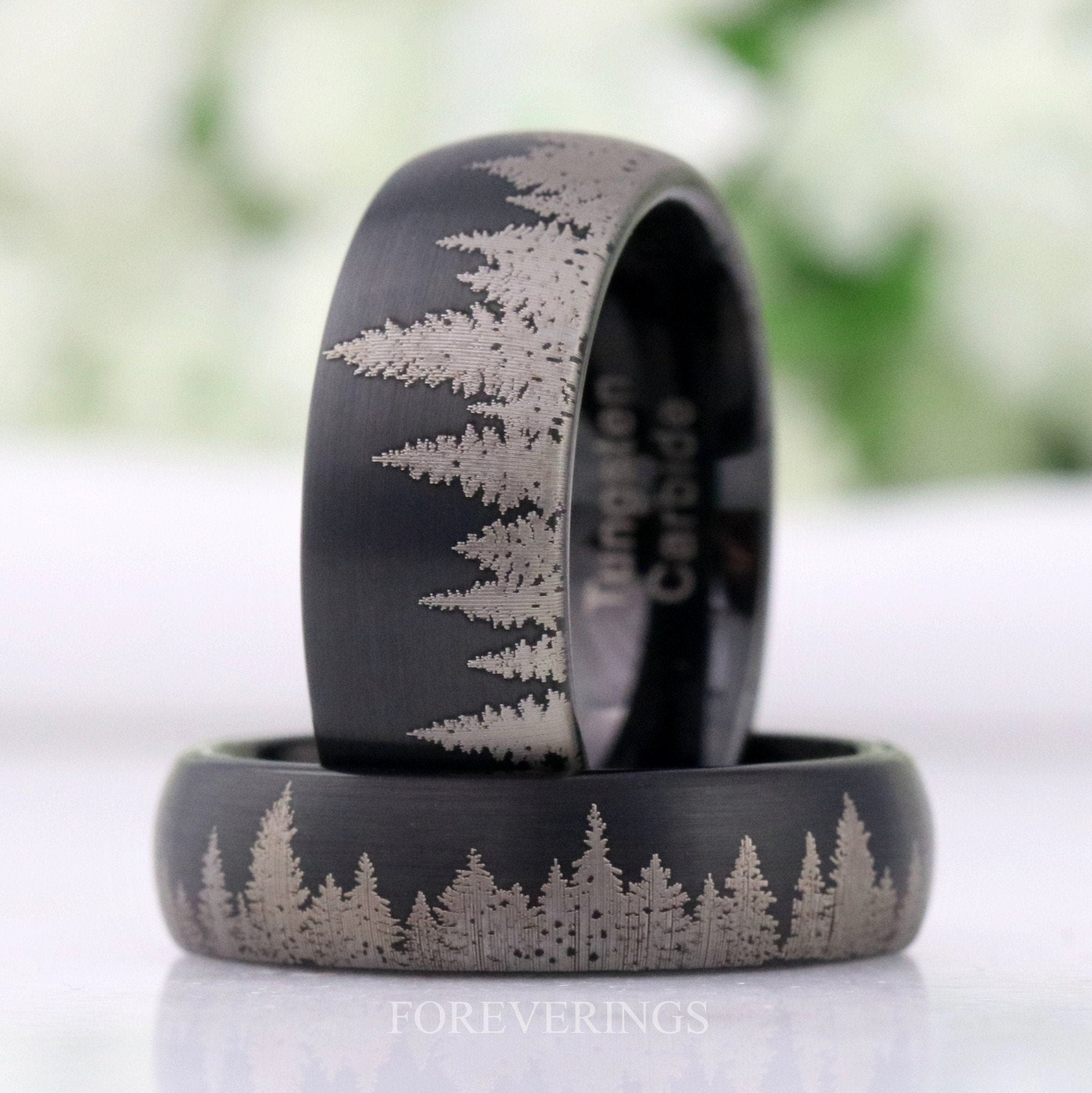 Mens Black Forest Ring, Tree Wedding Band, Matte Black Tungsten Ring, 8mm-6mm Mens Wedding Band, Pine Landscape Ring, Custom Engraved Ring