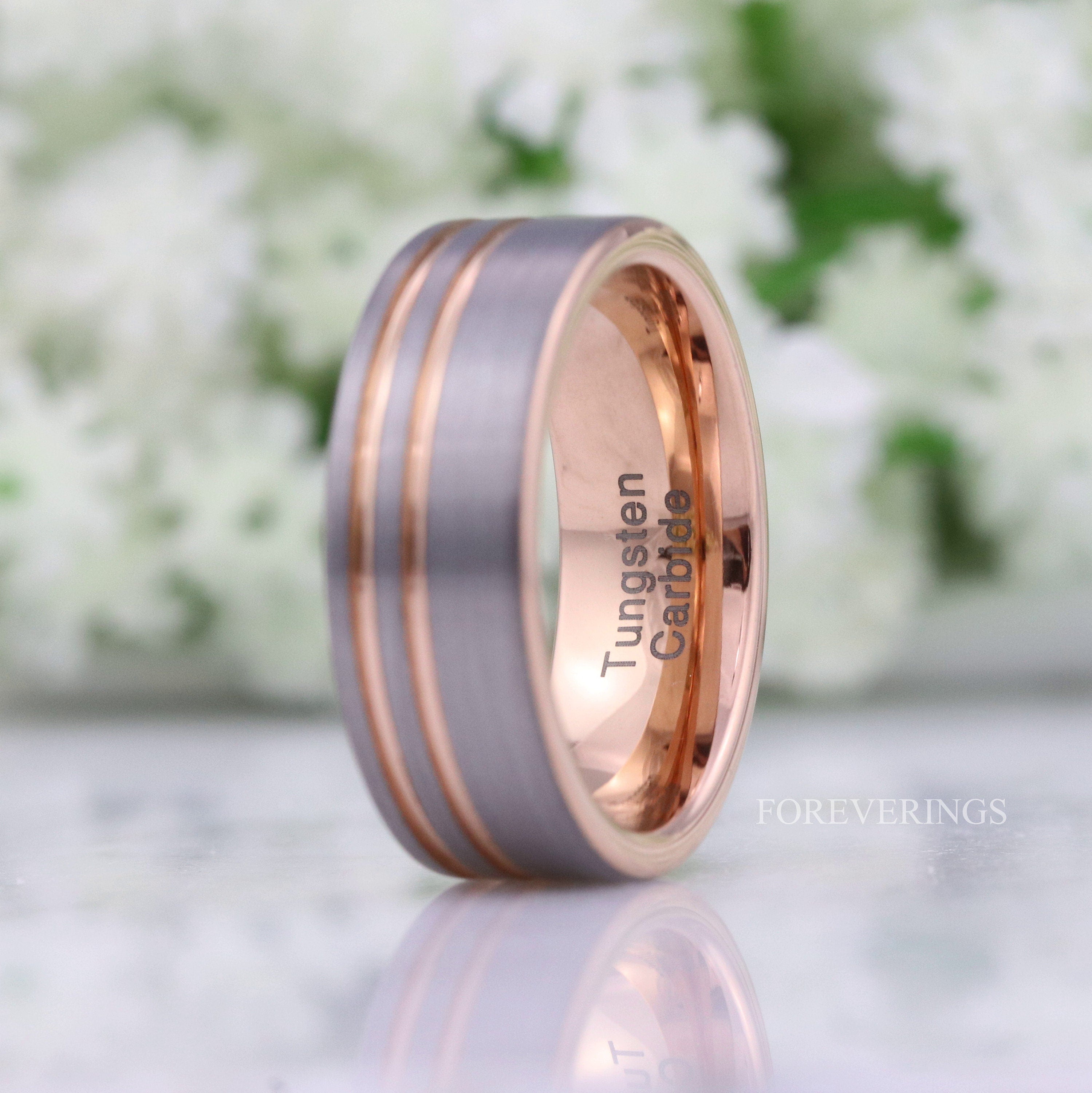 Rose Gold Mens Wedding Band with Offset Groove, 8mm Tungsten Ring, Two Tone Rose Gold and Silver Band, Flat Brushed Ring, Ring Engraving