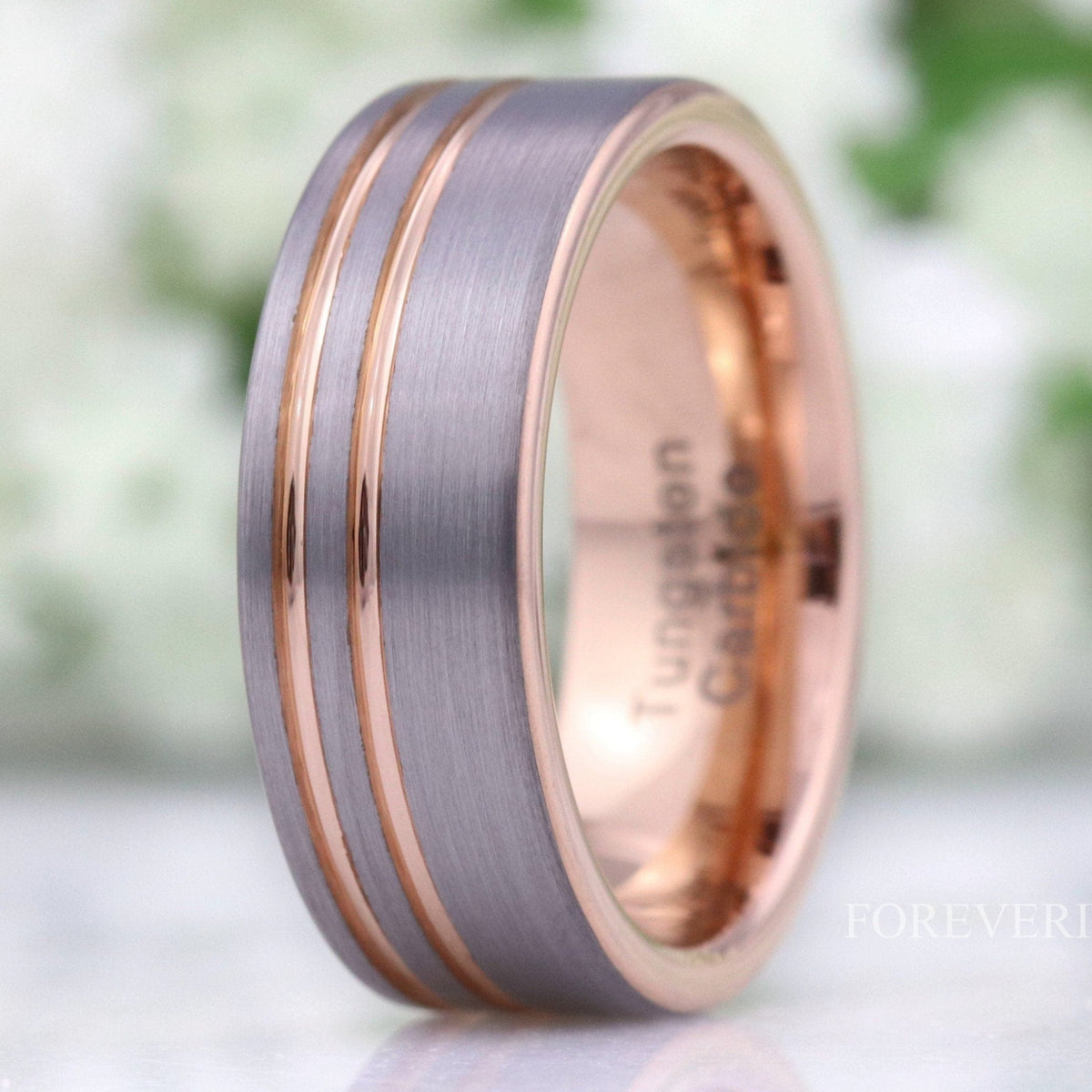 Rose Gold Mens Wedding Band with Offset Groove, 8mm Tungsten Ring, Two Tone Rose Gold and Silver Band, Flat Brushed Ring, Ring Engraving