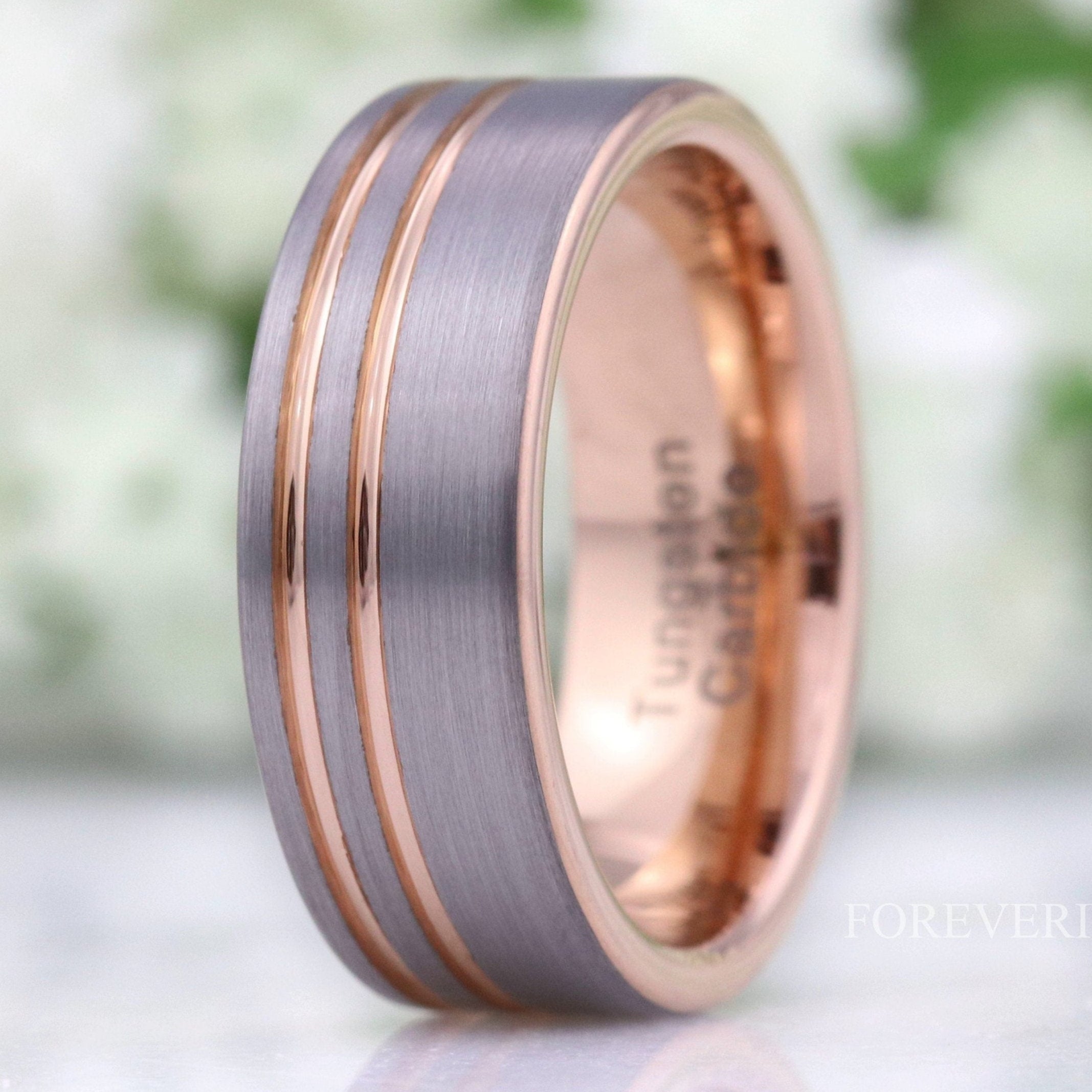 Rose Gold Mens Wedding Band with Offset Groove, 8mm Tungsten Ring, Two Tone Rose Gold and Silver Band, Flat Brushed Ring, Ring Engraving