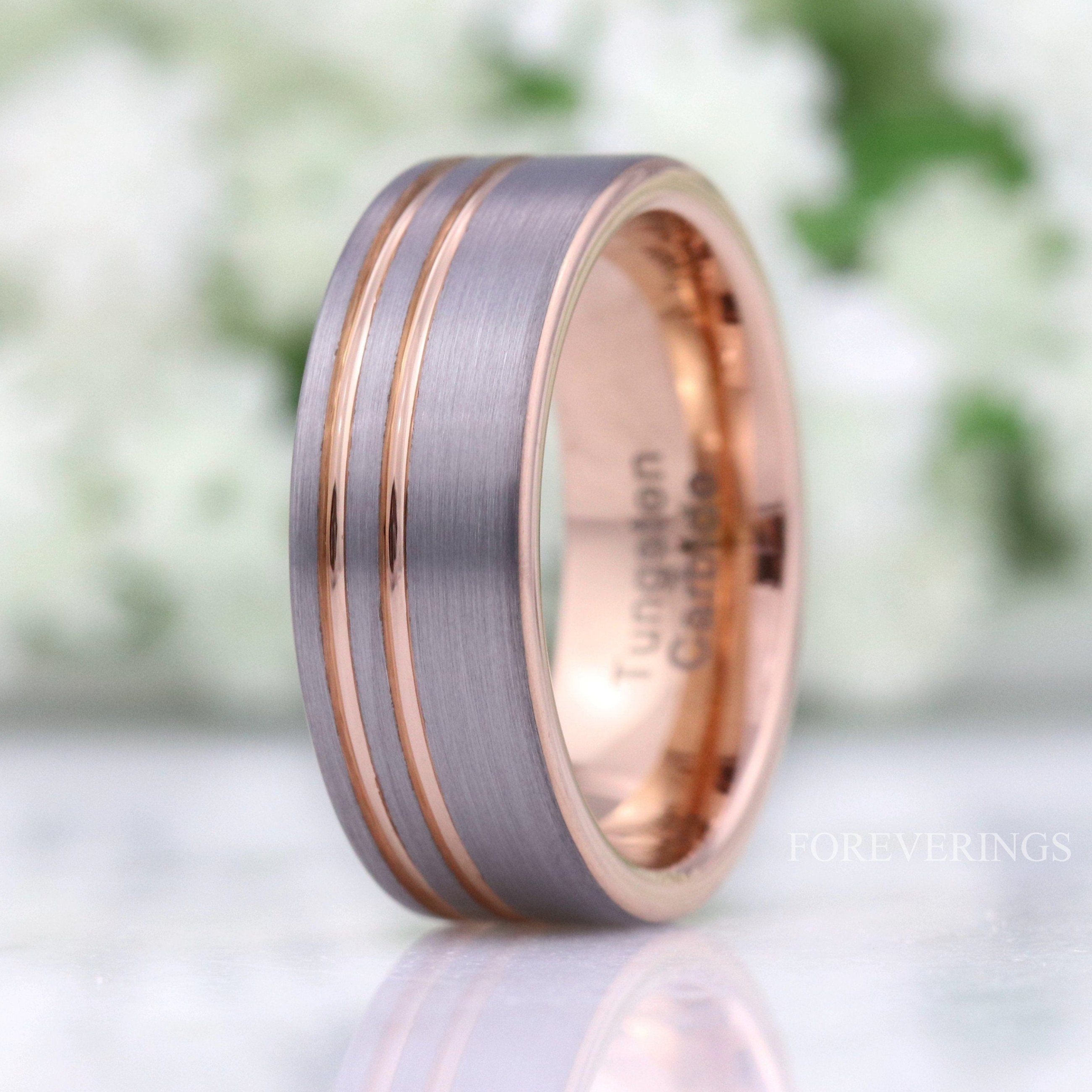 Rose Gold Mens Wedding Band with Offset Groove, 8mm Tungsten Ring, Two Tone Rose Gold and Silver Band, Flat Brushed Ring, Ring Engraving