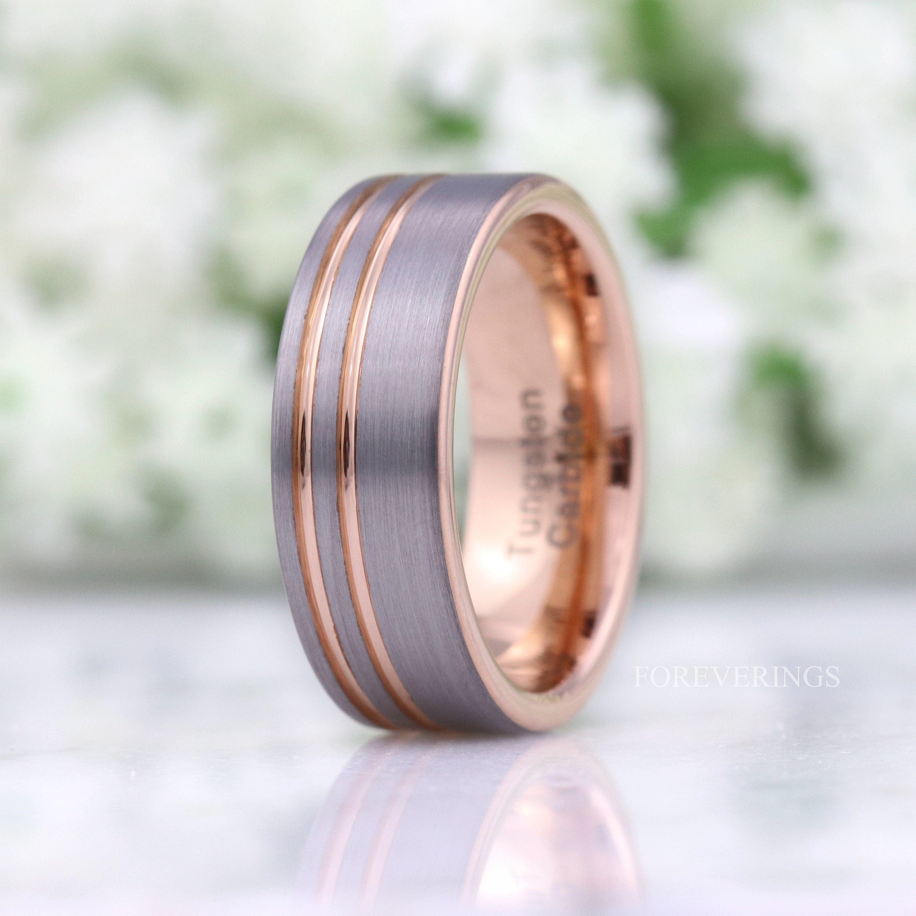 Rose Gold Mens Wedding Band with Offset Groove, 8mm Tungsten Ring, Two Tone Rose Gold and Silver Band, Flat Brushed Ring, Ring Engraving