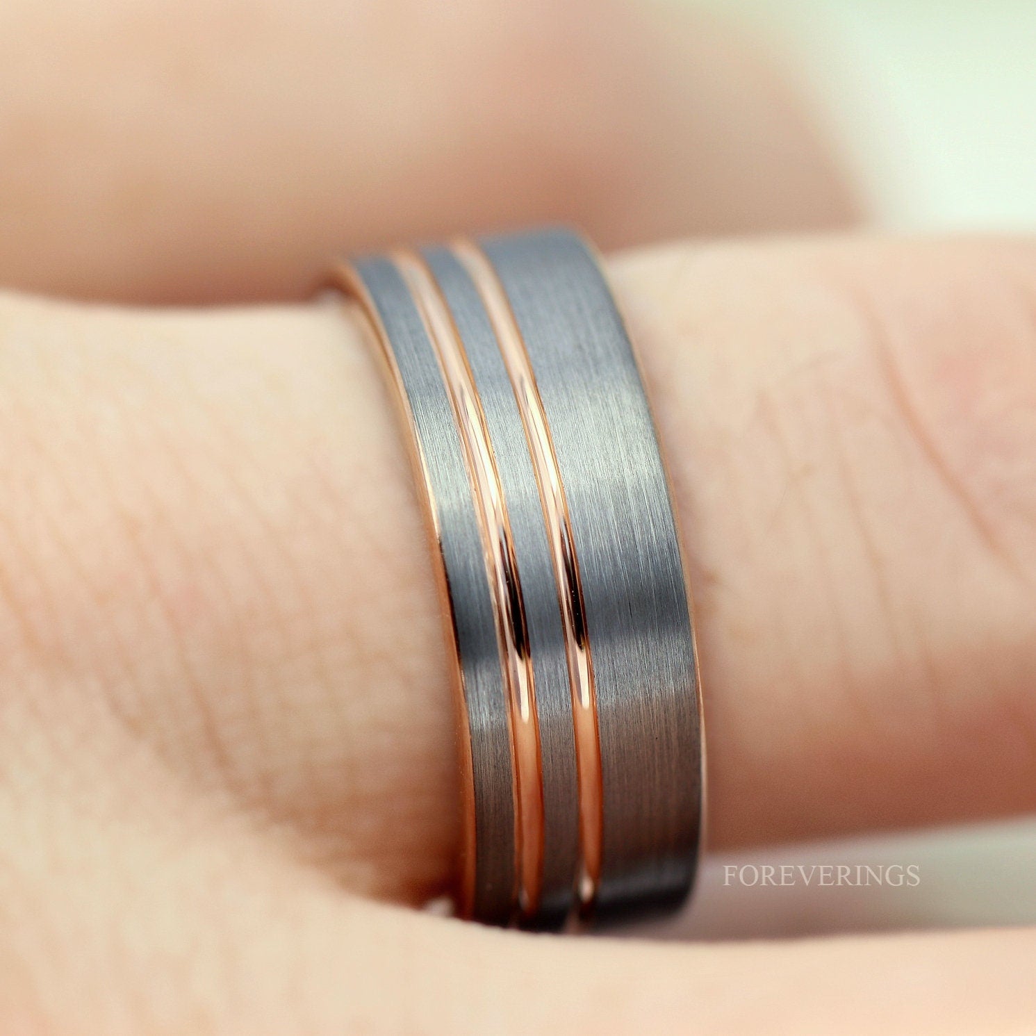 Rose Gold Mens Wedding Band with Offset Groove, 8mm Tungsten Ring, Two Tone Rose Gold and Silver Band, Flat Brushed Ring, Ring Engraving