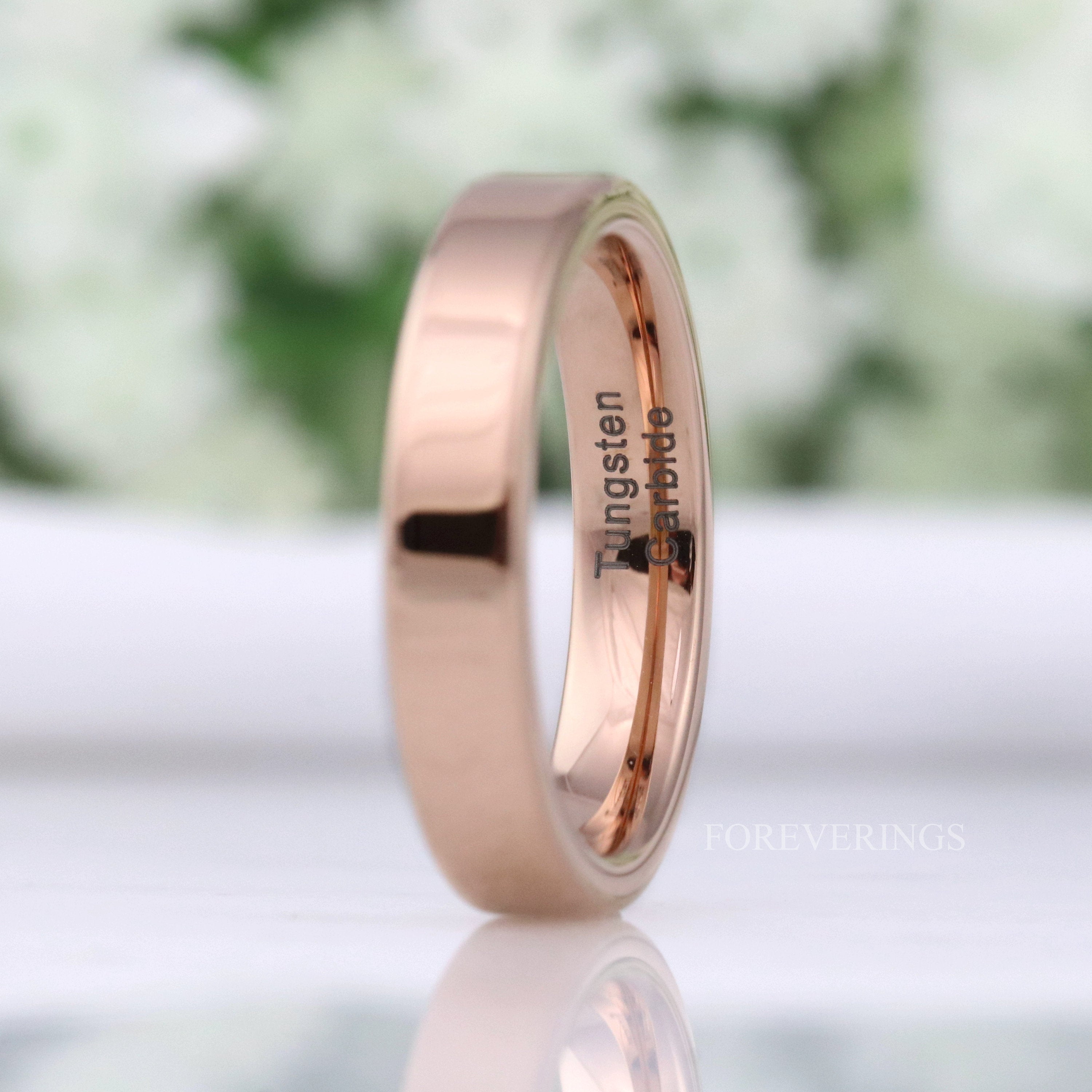 Rose Gold Wedding Band, Simple Flat Tungsten Ring, 2mm-4mm Mens Womens Wedding Band, Polished Rose Gold Band, Custom Engraved Ring