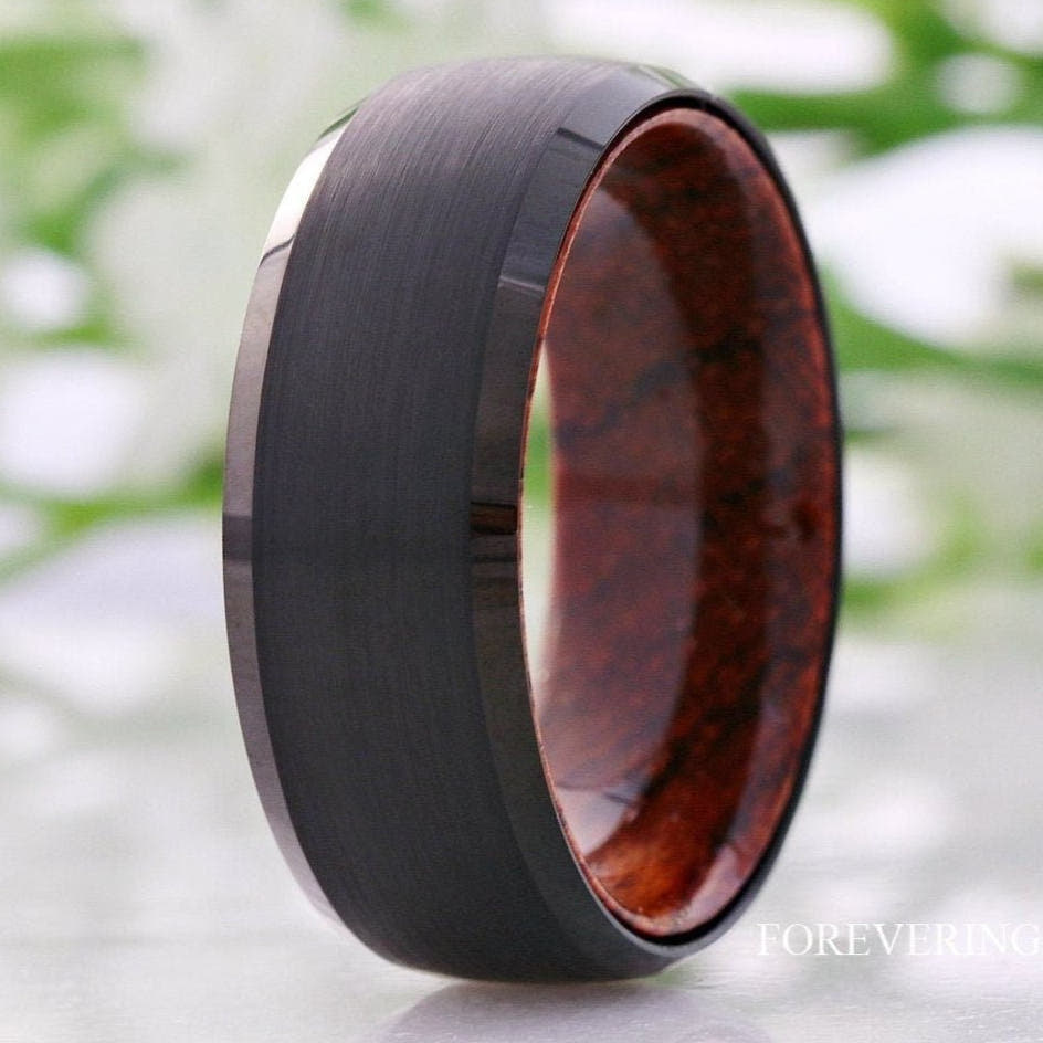 Men's 8mm brushed black tungsten wedding band with rosewood interior and beveled edges