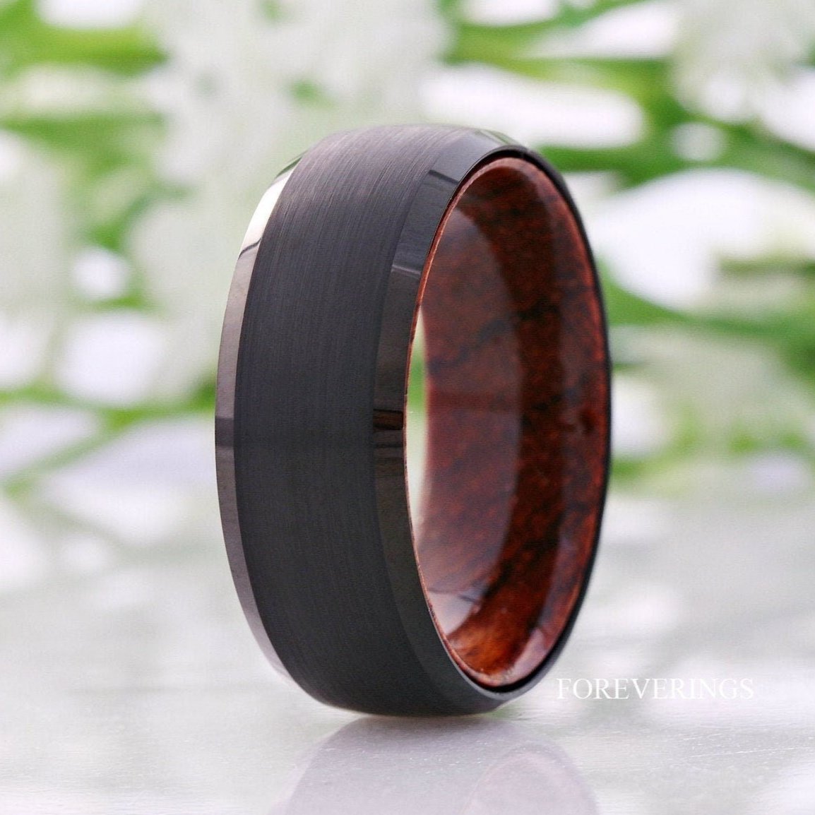 Men Wood Ring, Black Tungsten Wedding Band, Rosewood Ring, Comfort Fit, Brushed Matte, Dome, Bevel, Birthday Anniversary Gift for Him