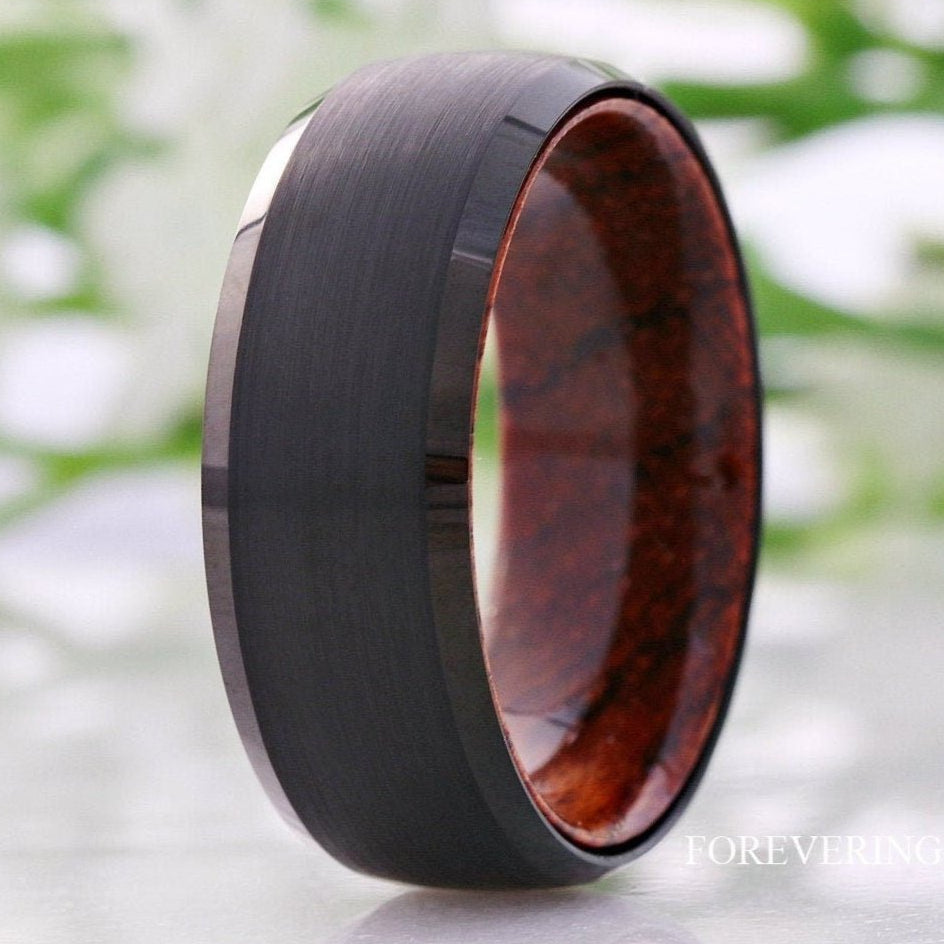 Men Wood Ring, Black Tungsten Wedding Band, Rosewood Ring, Comfort Fit, Brushed Matte, Dome, Bevel, Birthday Anniversary Gift for Him