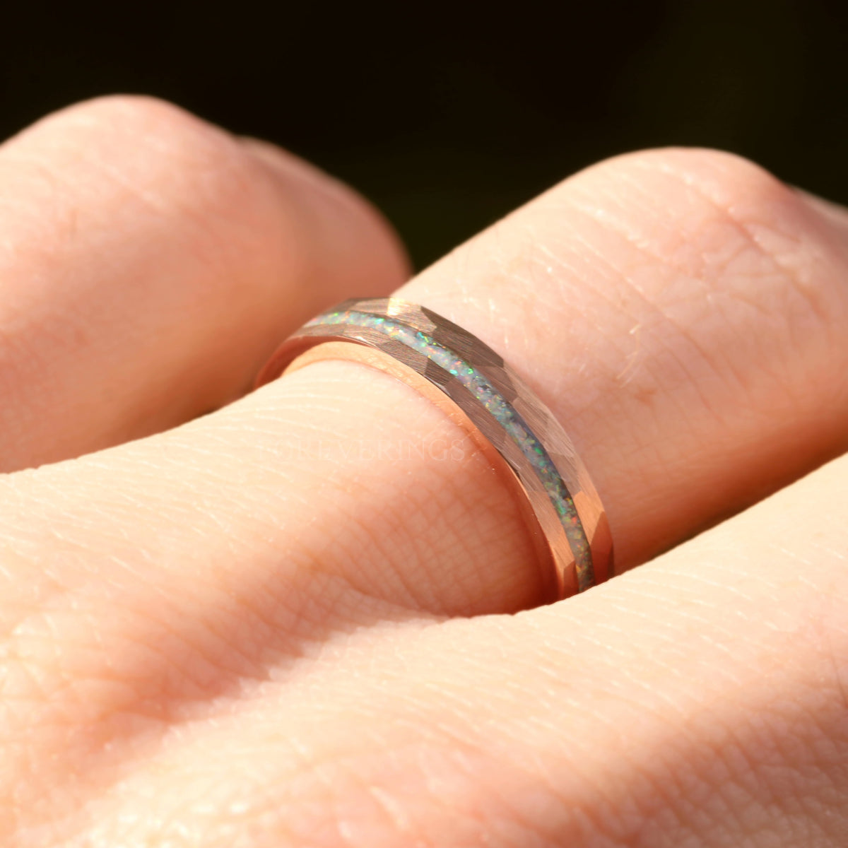 White Fire Opal | Hammered Tungsten Band in Rose or Yellow Gold