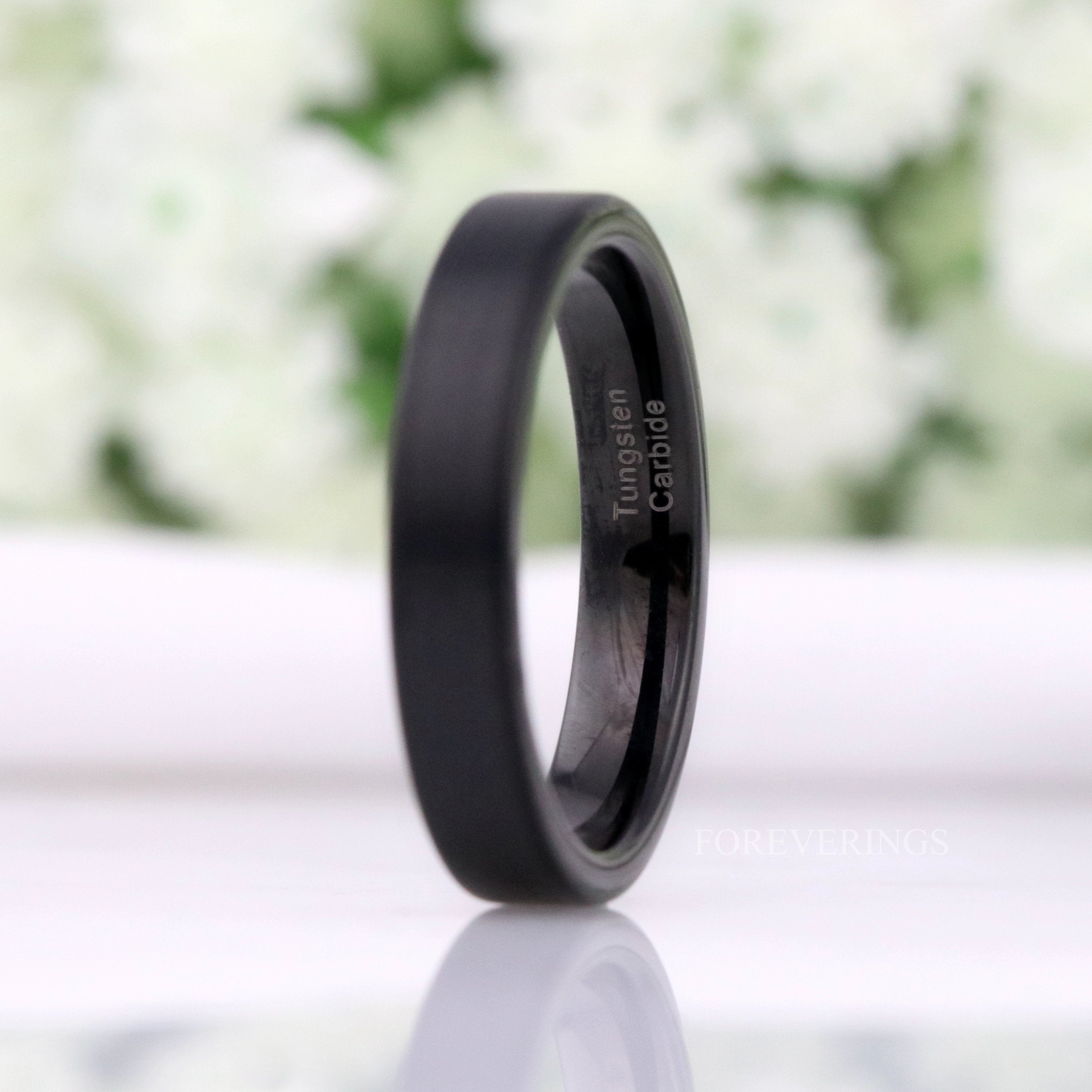 Thin Matte Black Ring, Flat Wedding Band, 2mm 4mm Mens Womens Wedding Ring, Simple Tungsten Band, Thin Custom Engraved Ring