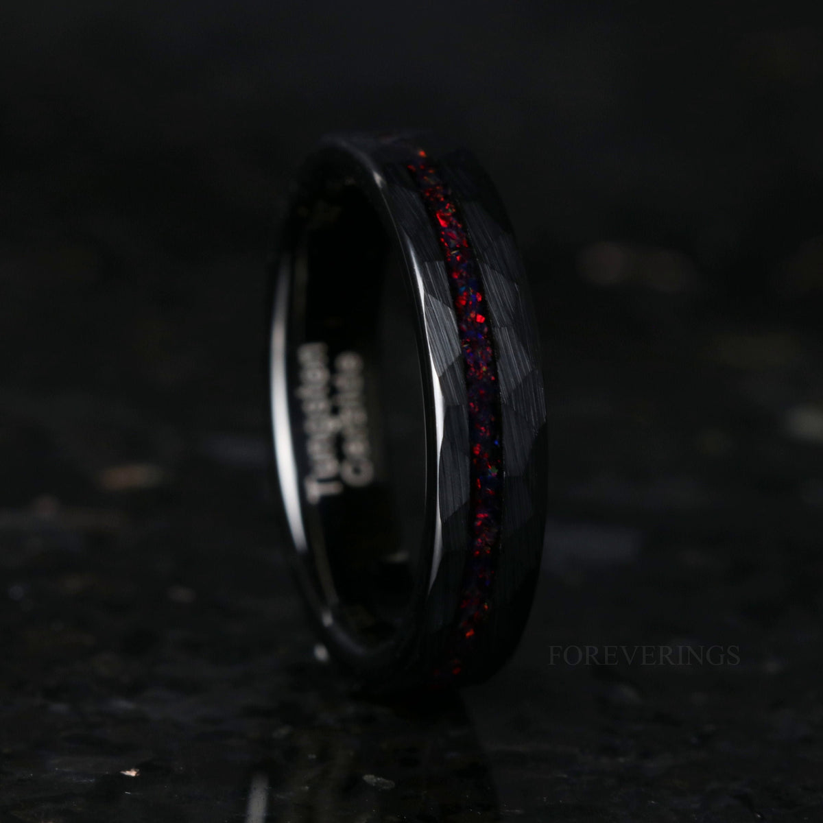 Black Fire Opal Offset Inlay Black Tungsten Ring | Hammered Wedding Band