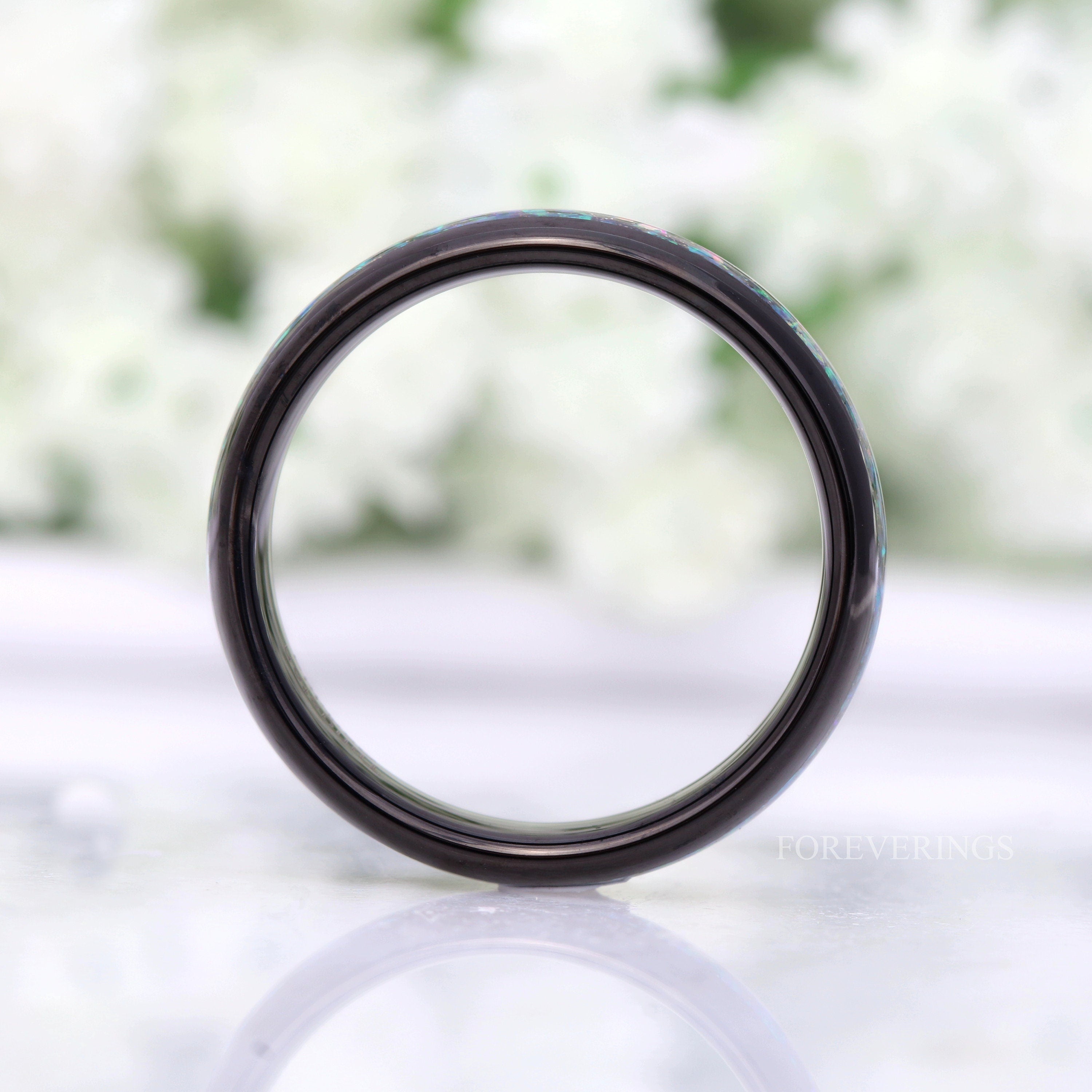 Galaxy Opal Ring, Black Tungsten Wedding Band, 6mm Band, Men Women Ring, Domed, Polished, Comfort Fit, Birthday Anniversary Gift for Him