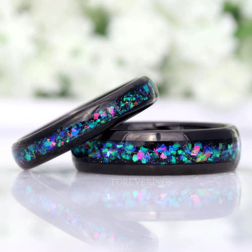 Matching black tungsten couples ring set with galaxy opal inlay, 6mm and 4mm