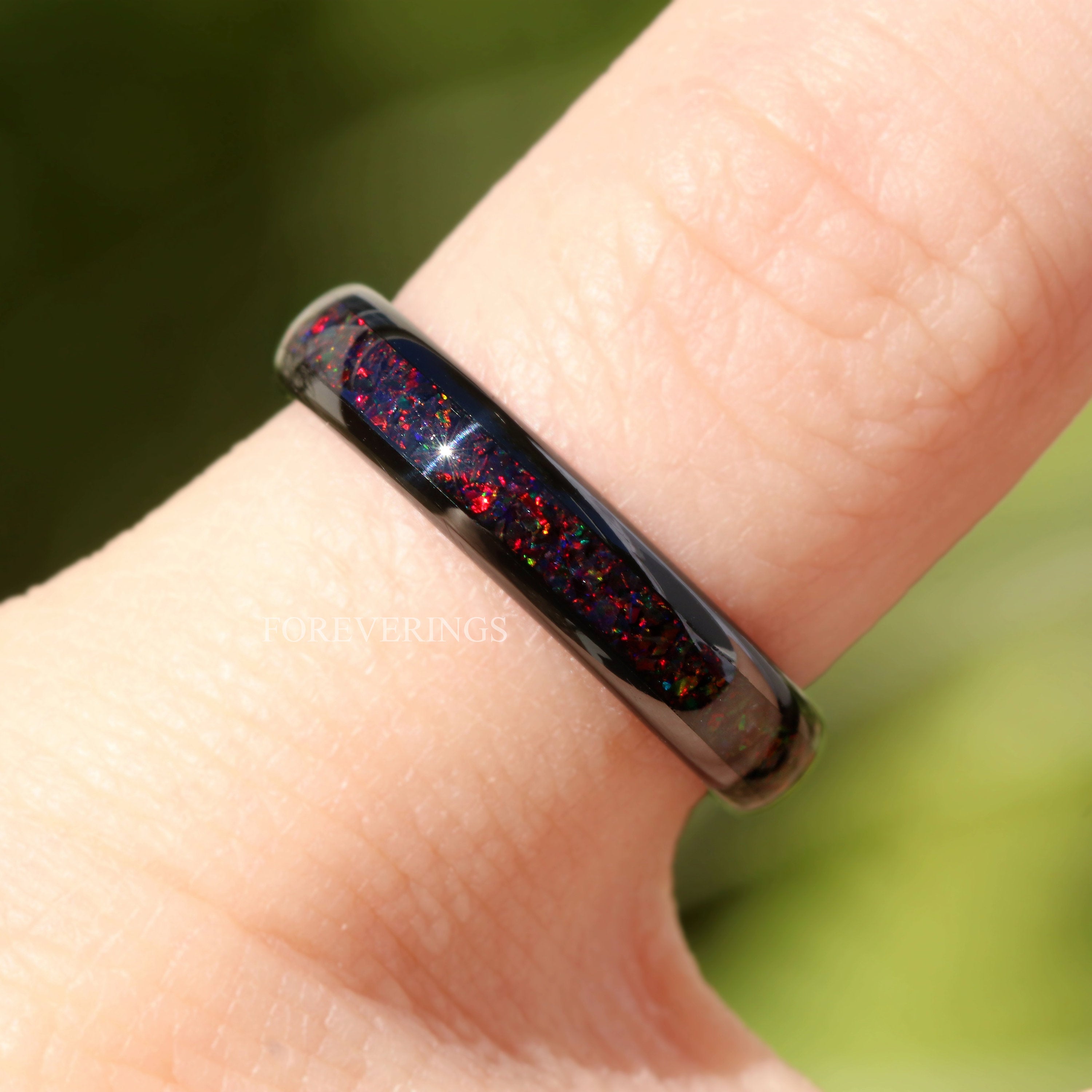 Crushed Black Fire Opal Ring, 4mm Tungsten Wedding Band, Women Men Ring, Black Ring, Black Opal Ring, Dome, Polish, Comfort Fit