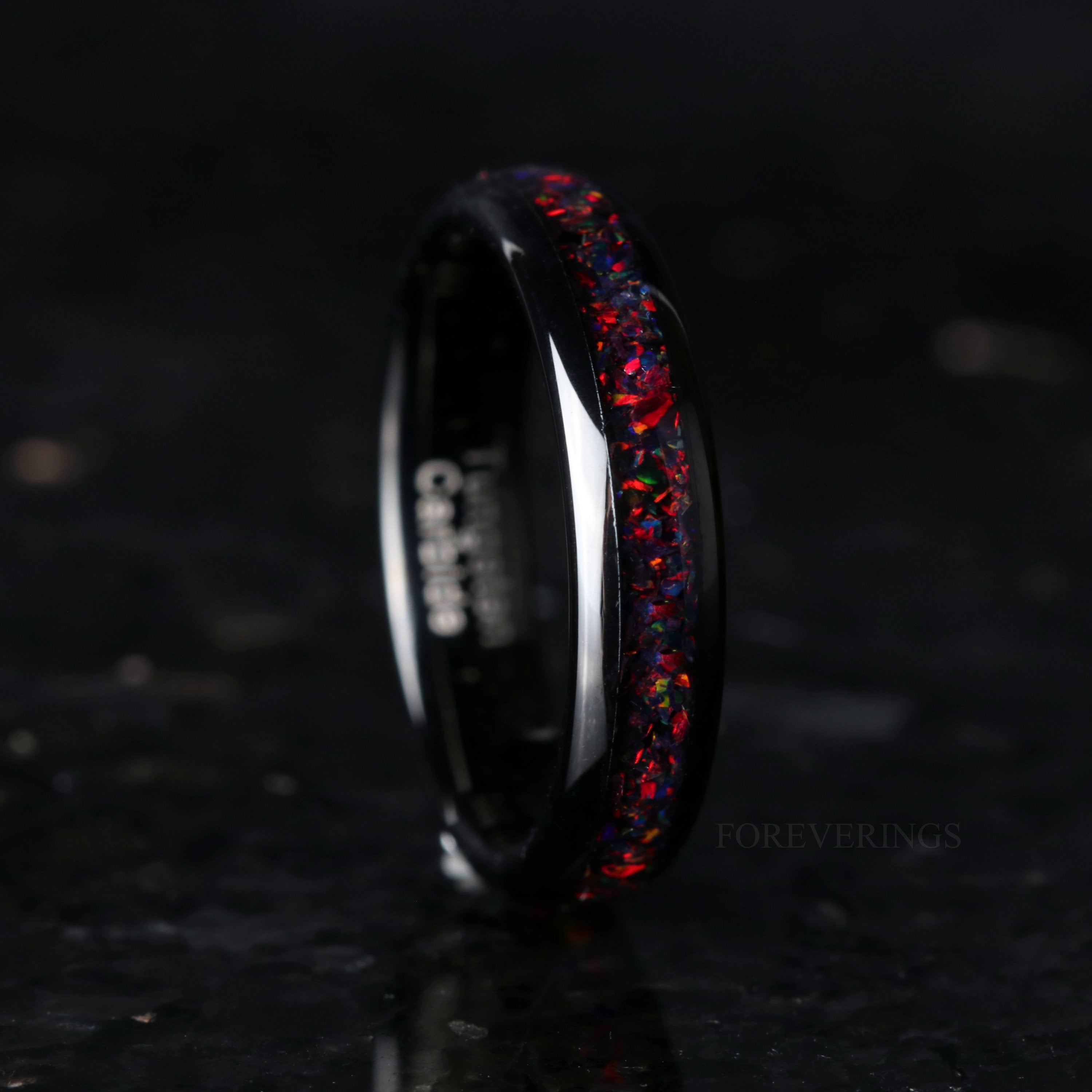 Crushed Black Fire Opal Ring, 4mm Tungsten Wedding Band, Women Men Ring, Black Ring, Black Opal Ring, Dome, Polish, Comfort Fit