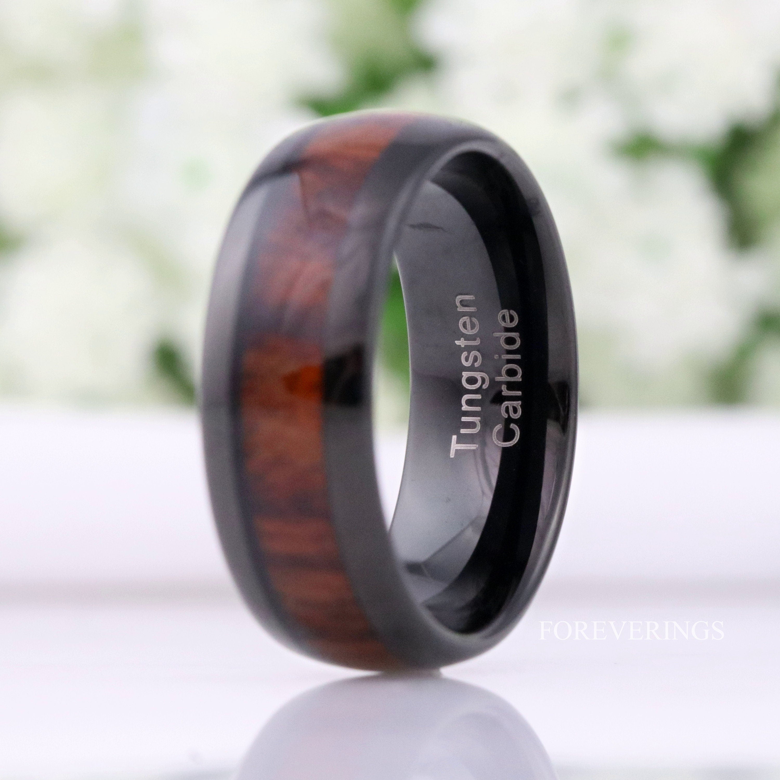 Koa Wood Ring Men, Black Wedding Band, 8mm Black Tungsten Ring, Nature Ring, Metal and Wood, Polished, Dome, Wood Anniversary Gift for Him