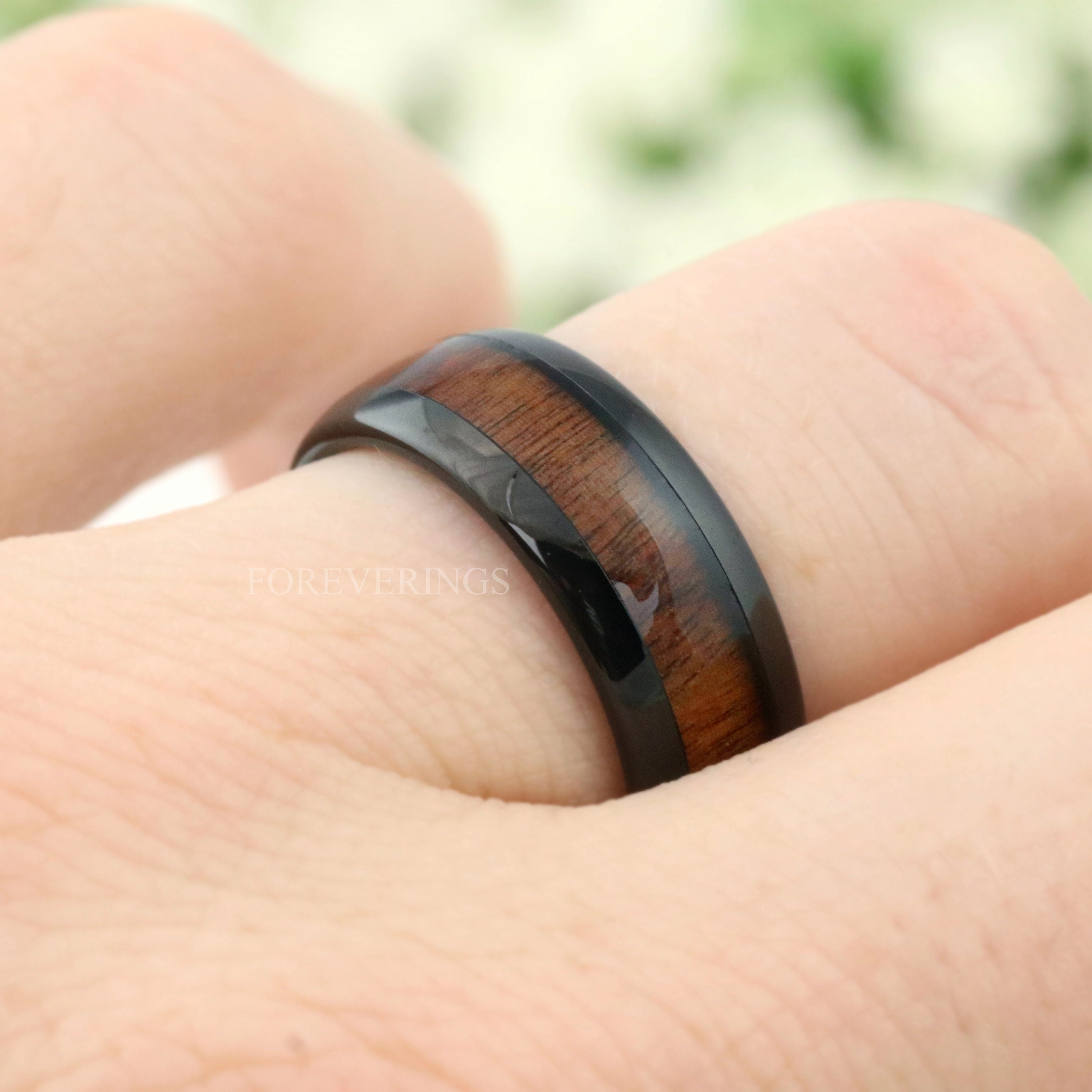 Koa Wood Ring Men, Black Wedding Band, 8mm Black Tungsten Ring, Nature Ring, Metal and Wood, Polished, Dome, Wood Anniversary Gift for Him