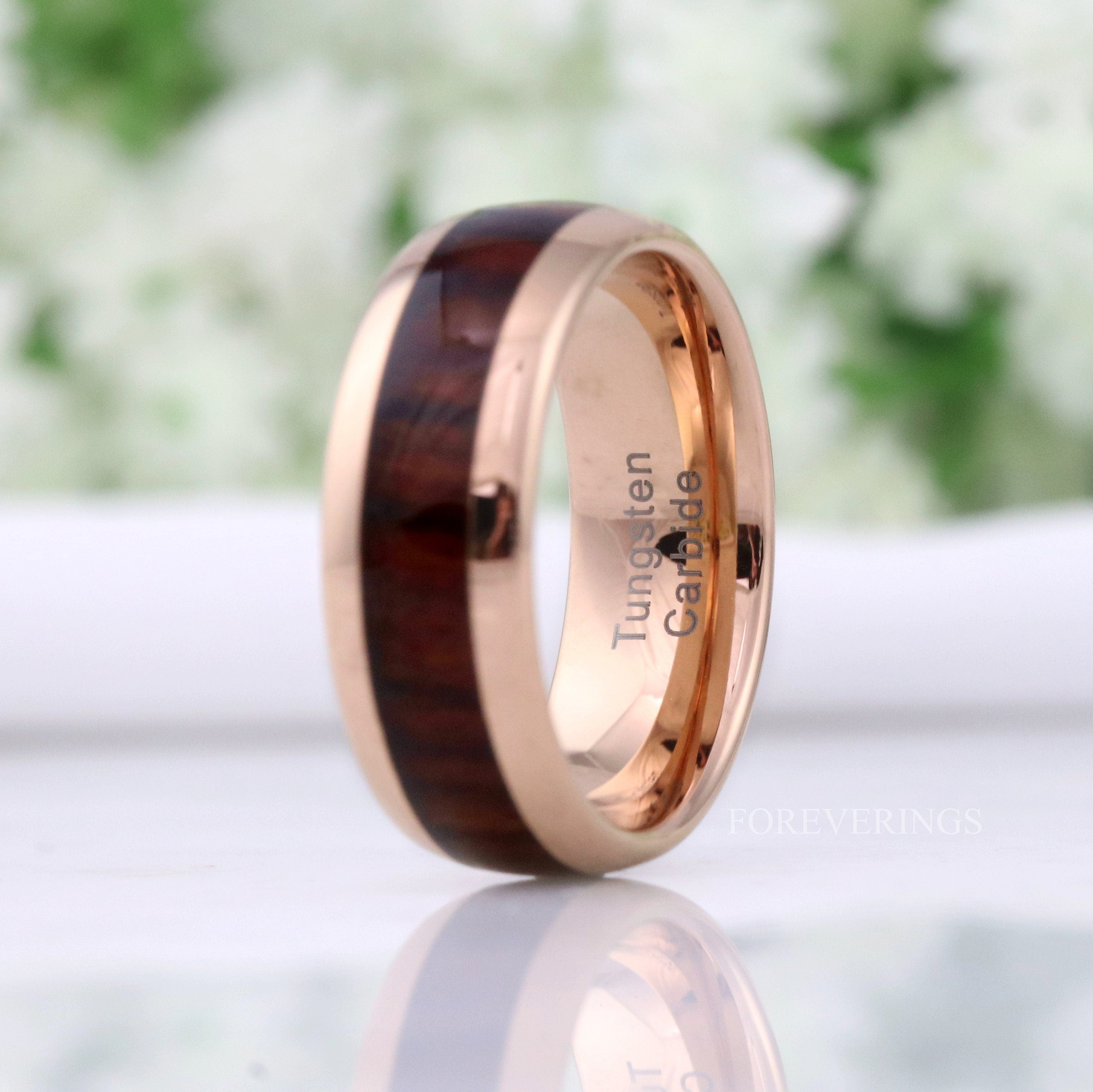 Koa Wood Ring, Men Wedding Band, 8mm Rose Gold Tungsten Ring, Nature Ring, Comfort Fit, Polished, Dome, Wood Anniversary Gift for Him