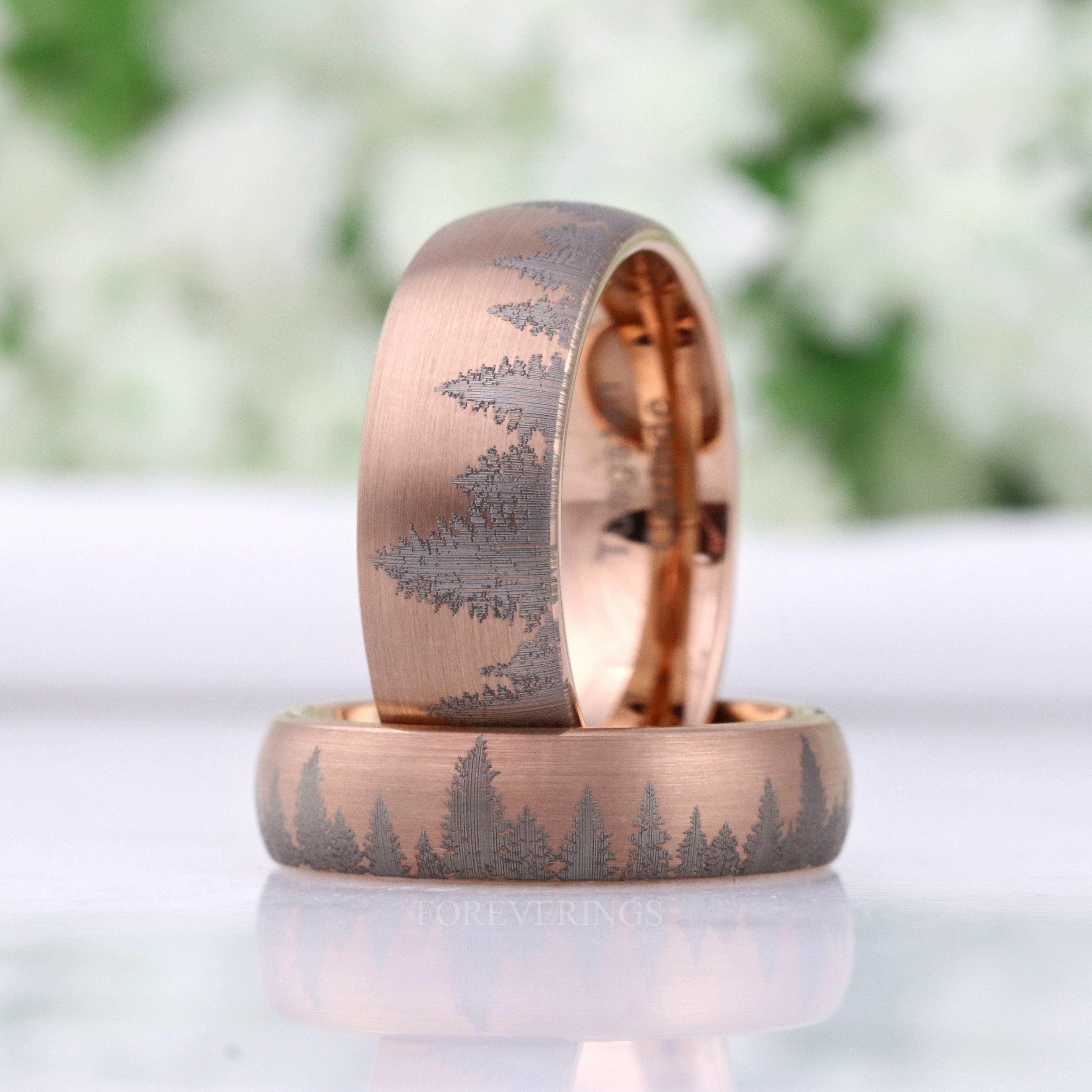 Rose Gold Forest Tree Ring, Mens Wedding Band, 8mm 6mm, Matte Rose Gold Tungsten Ring, Unique Nature Pine Tree Landscape, Ring Engraving