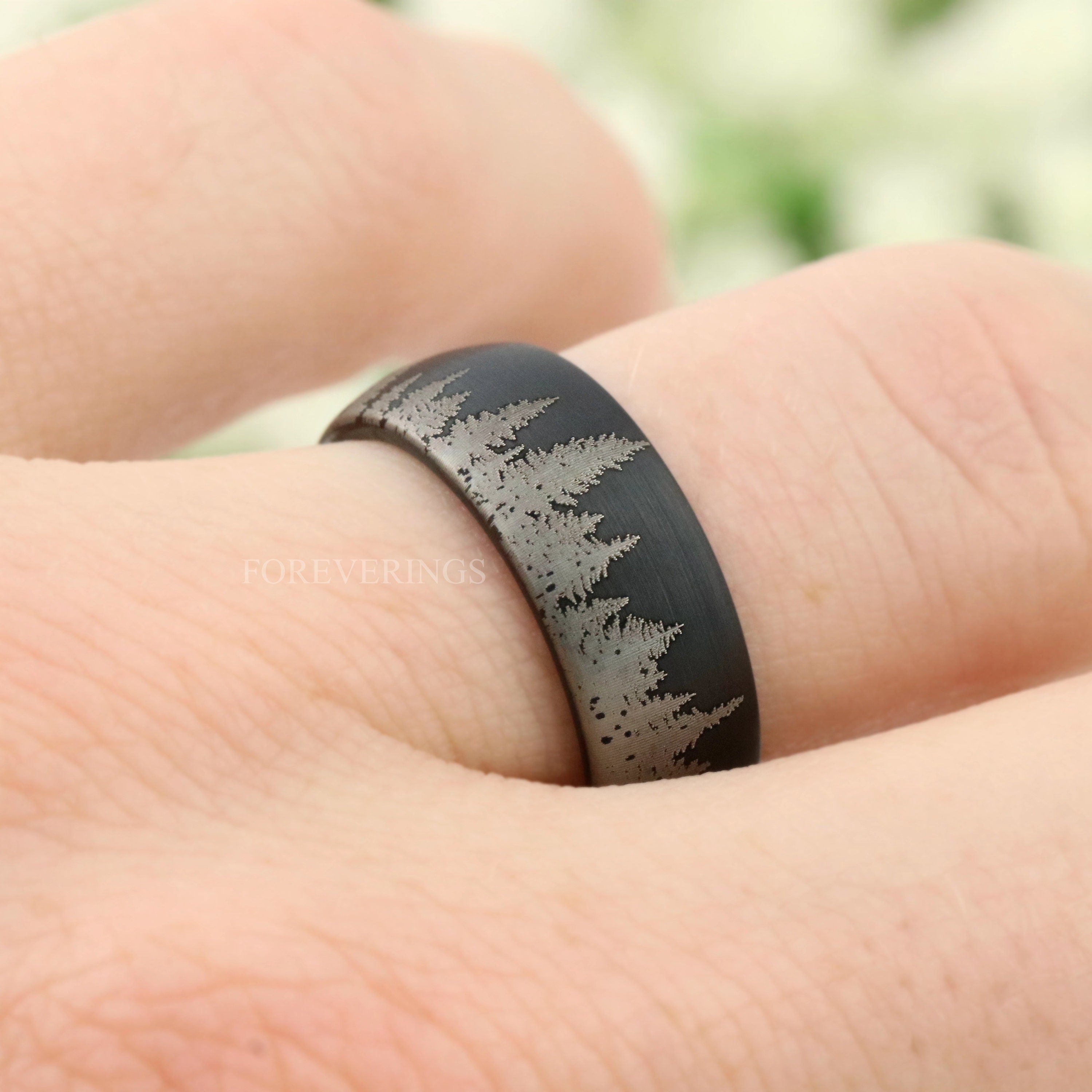 Mens Black Forest Ring, Tree Wedding Band, Matte Black Tungsten Ring, 8mm-6mm Mens Wedding Band, Pine Landscape Ring, Custom Engraved Ring