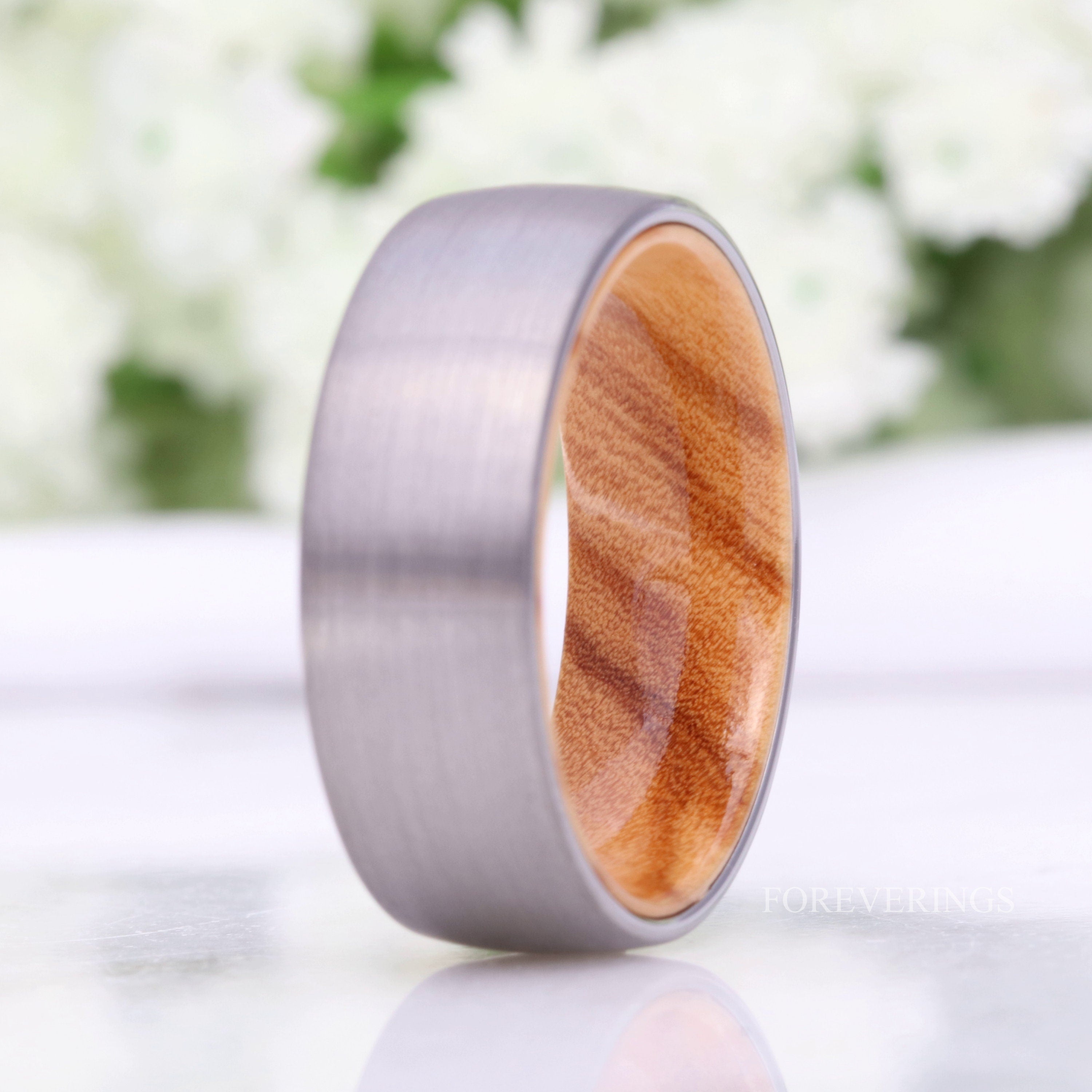 Olive Wood and Tungsten Wedding Band, 8mm Silver Band, No Plating, Matte Brushed, Comfort Fit, Dome, Birthday Anniversary Gift for Him