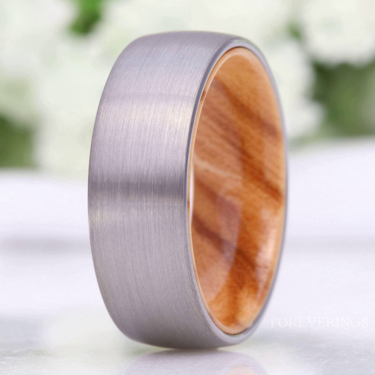 Olive Wood and Tungsten Wedding Band, 8mm Silver Band, No Plating, Matte Brushed, Comfort Fit, Dome, Birthday Anniversary Gift for Him