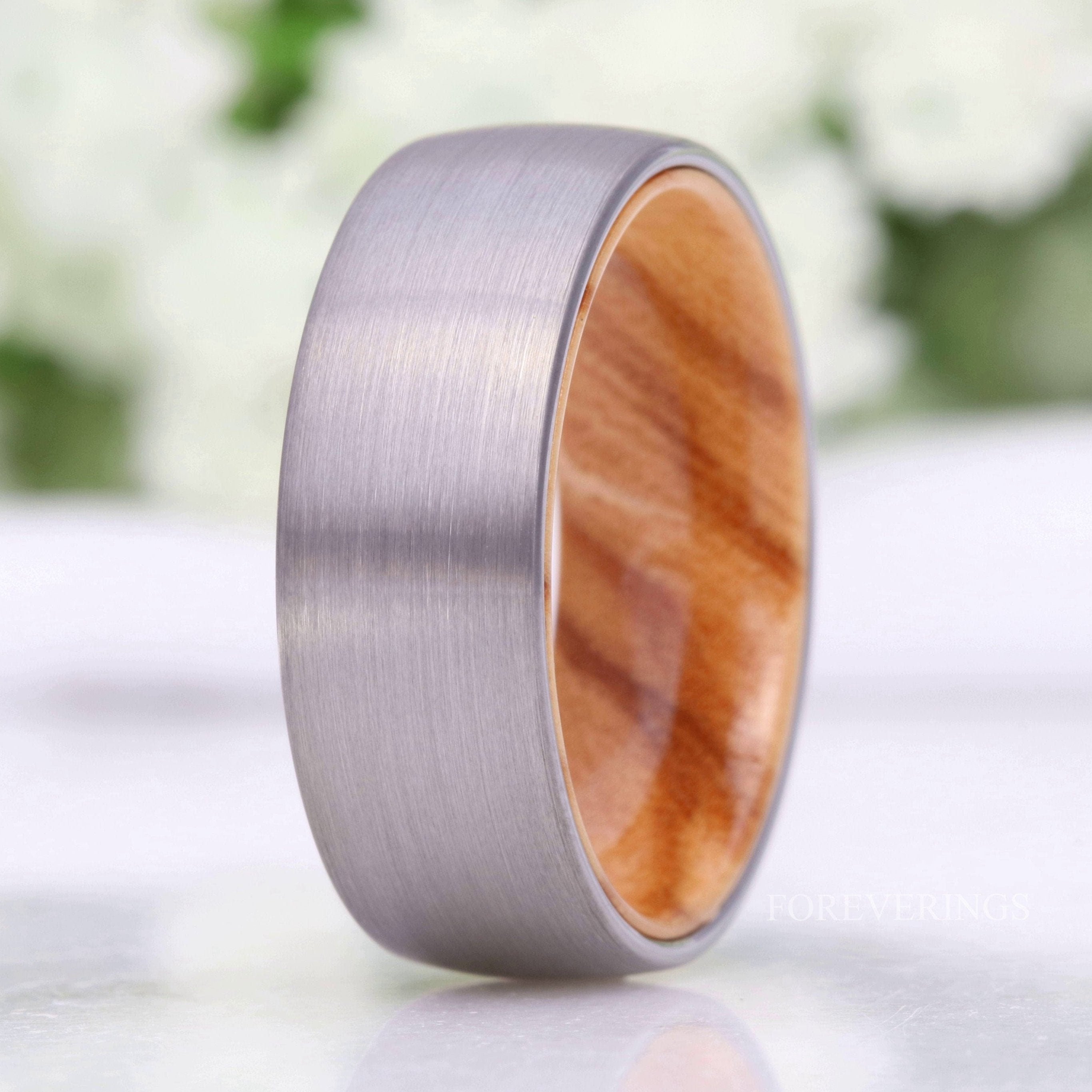 Olive Wood and Tungsten Wedding Band, 8mm Silver Band, No Plating, Matte Brushed, Comfort Fit, Dome, Birthday Anniversary Gift for Him