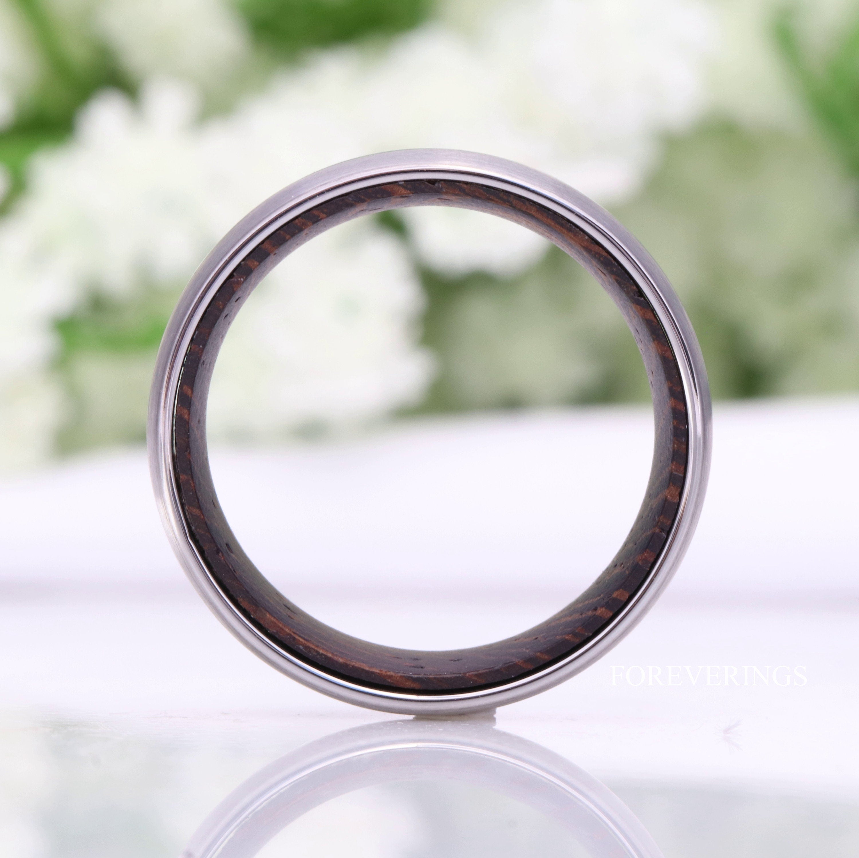 Wood Ring Men, Wedding Band, Silver Tungsten Ring, Dark Wood Ring, Man Anniversary Gift for Him, Matte, Brushed Ring, Dome, Unique Ring