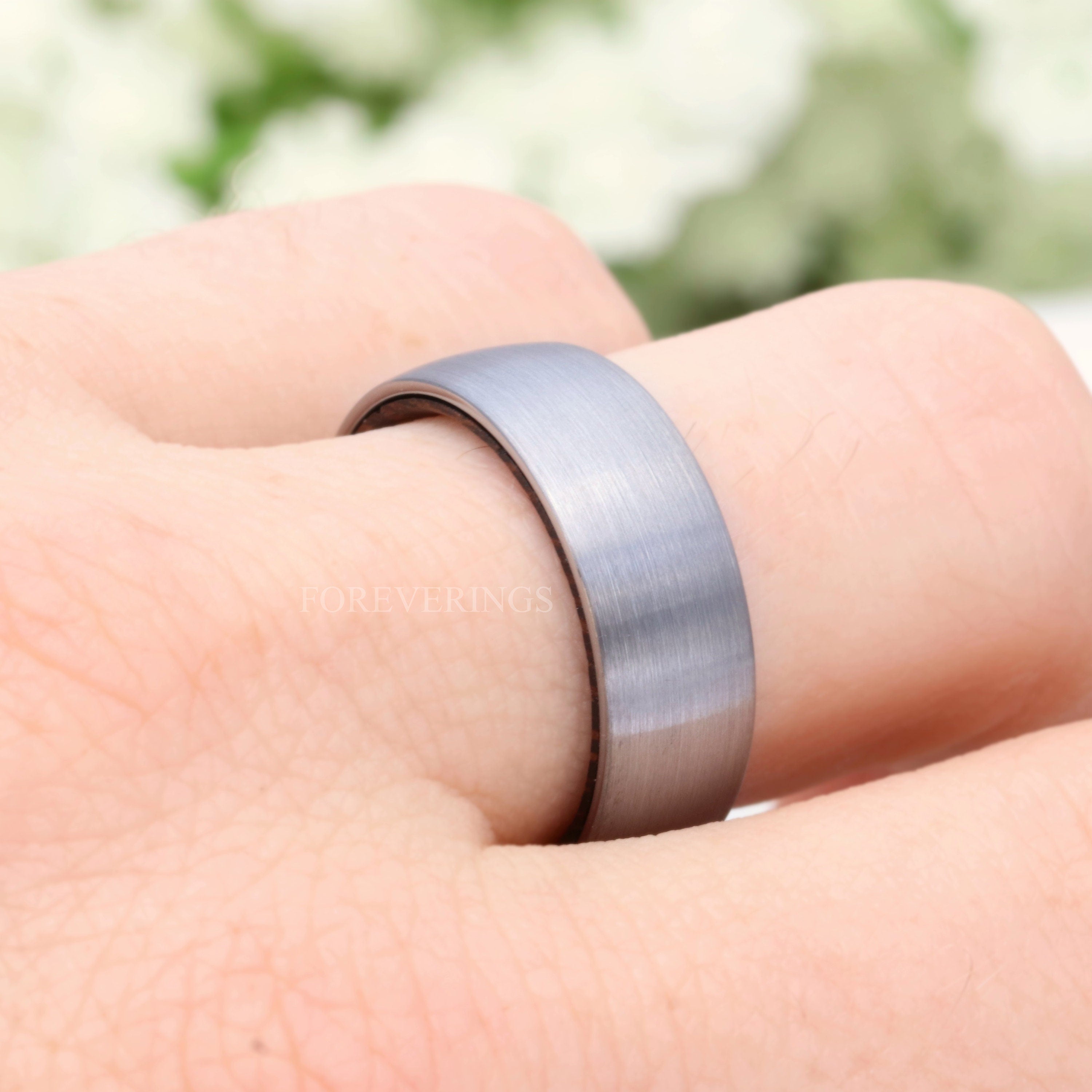 Wood Ring Men, Wedding Band, Silver Tungsten Ring, Dark Wood Ring, Man Anniversary Gift for Him, Matte, Brushed Ring, Dome, Unique Ring