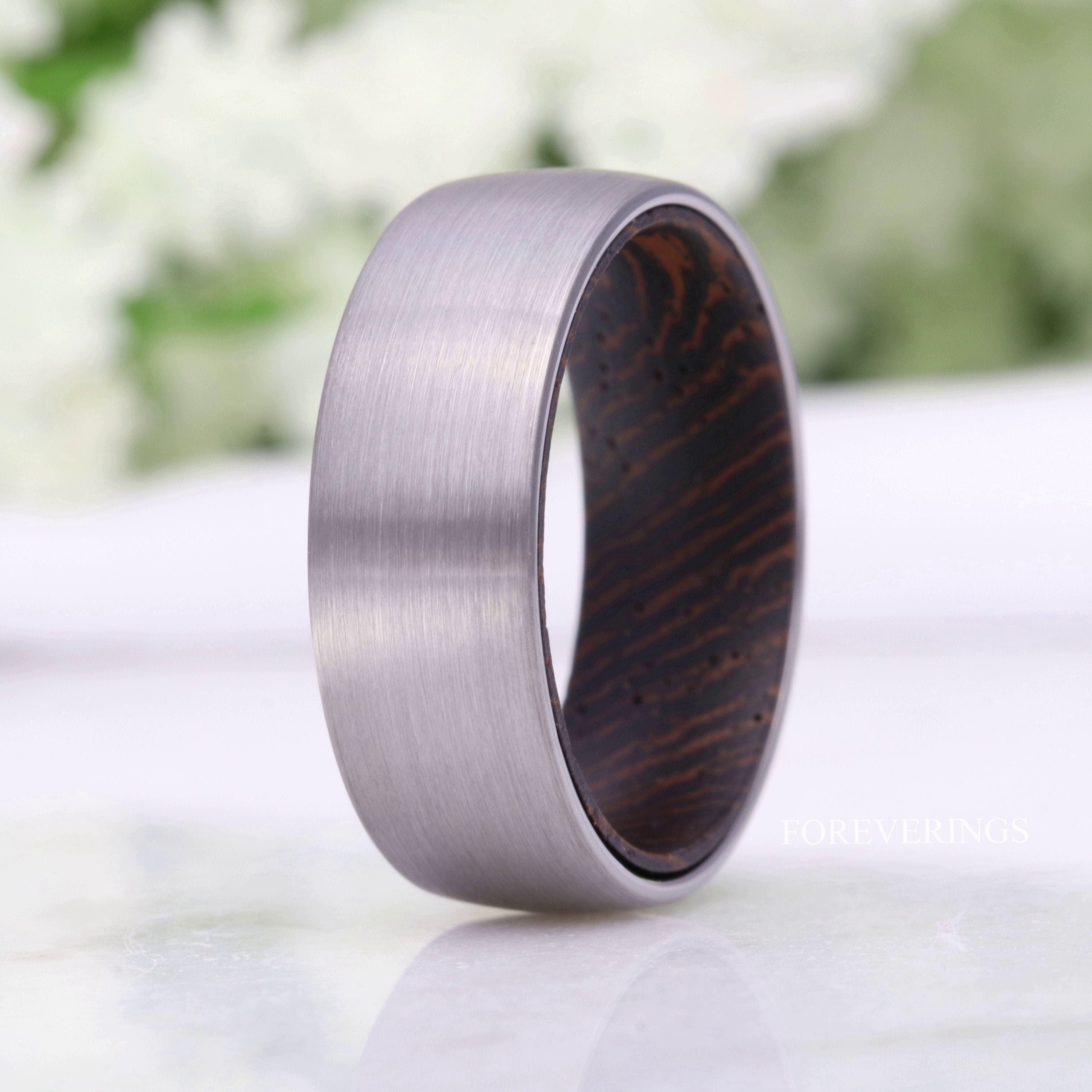 Wood Ring Men, Wedding Band, Silver Tungsten Ring, Dark Wood Ring, Man Anniversary Gift for Him, Matte, Brushed Ring, Dome, Unique Ring