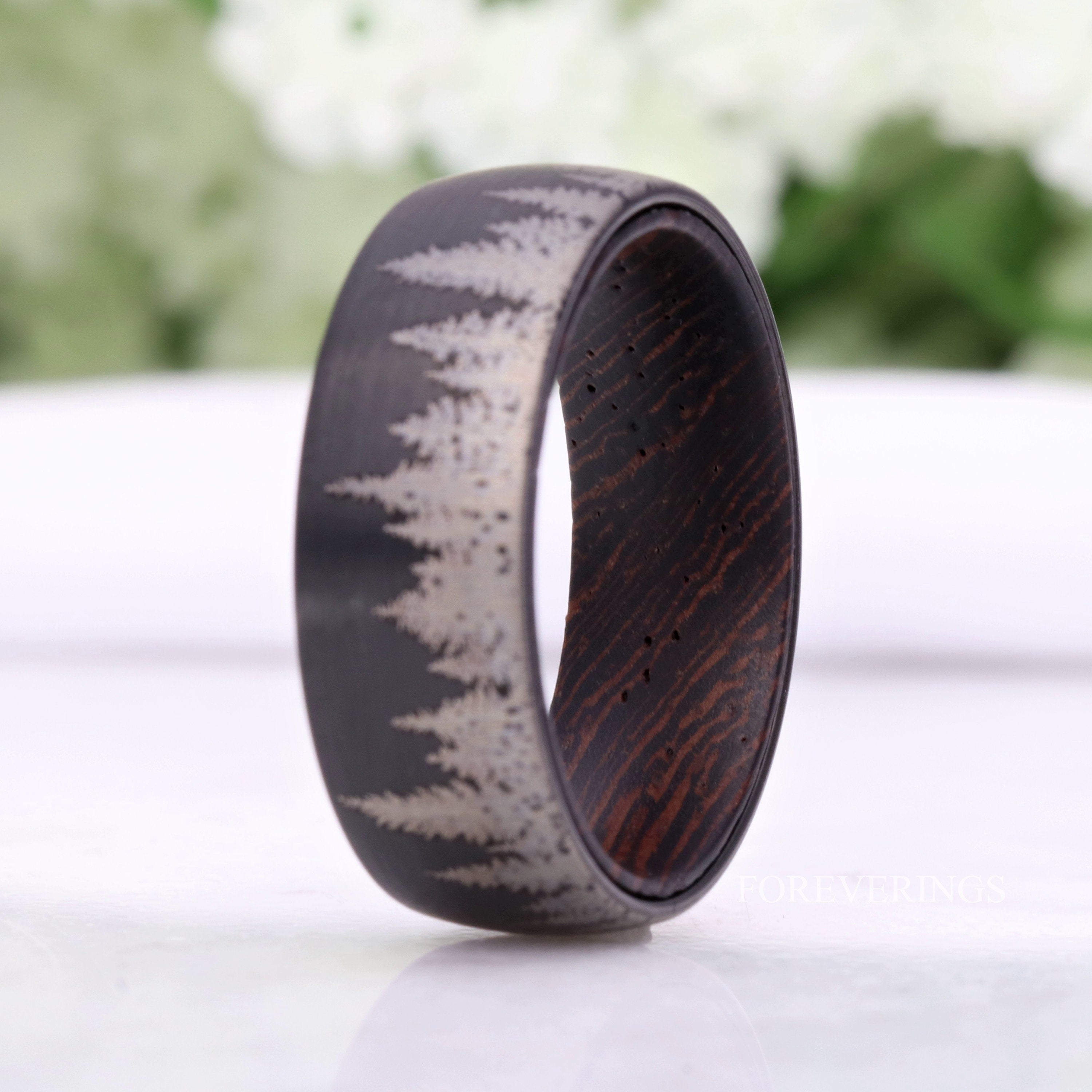 8mm Men Tungsten Wedding Band, Wenge Wood Ring, Dark Wood, Forest Trees Band, Black, Matte Brushed, Nature Landscape Ring, Comfort Fit, Dome