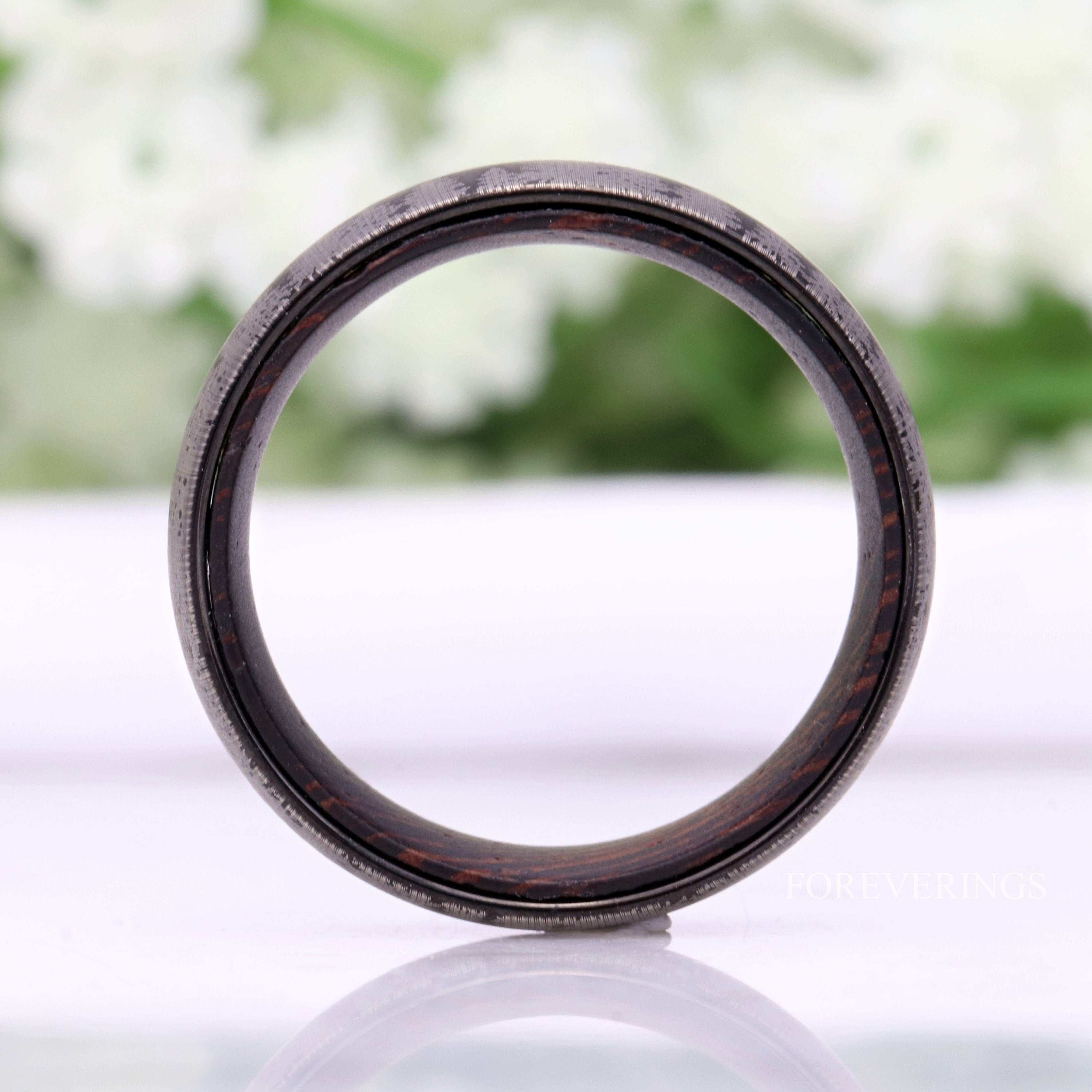 8mm Men Tungsten Wedding Band, Wenge Wood Ring, Dark Wood, Forest Trees Band, Black, Matte Brushed, Nature Landscape Ring, Comfort Fit, Dome