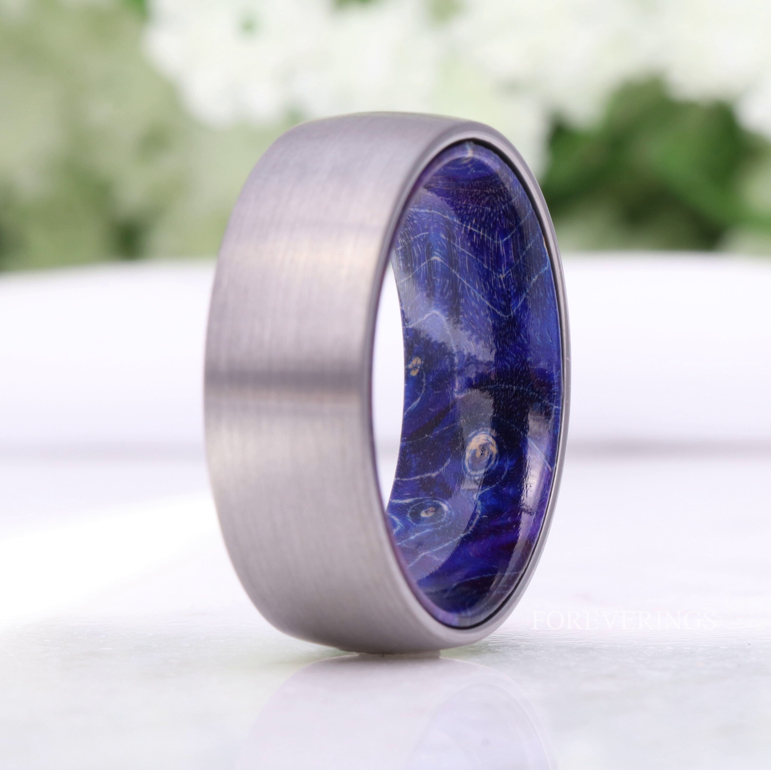 8mm Blue Wood Ring, Men Tungsten Wedding Band, Elder Wood, No Plating, Brushed Matte Tungsten Band, Dome, Comfort Fit