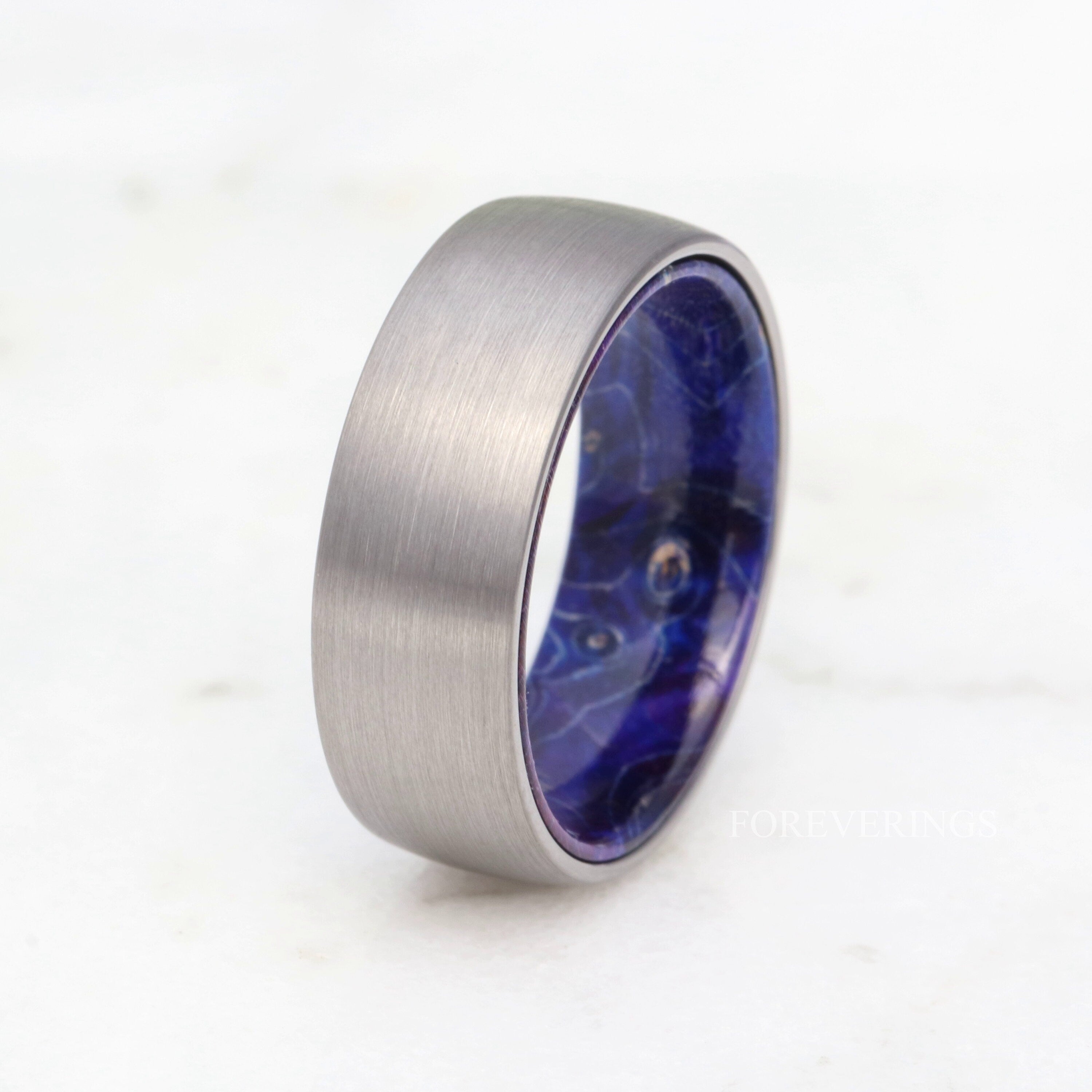 8mm Blue Wood Ring, Men Tungsten Wedding Band, Elder Wood, No Plating, Brushed Matte Tungsten Band, Dome, Comfort Fit