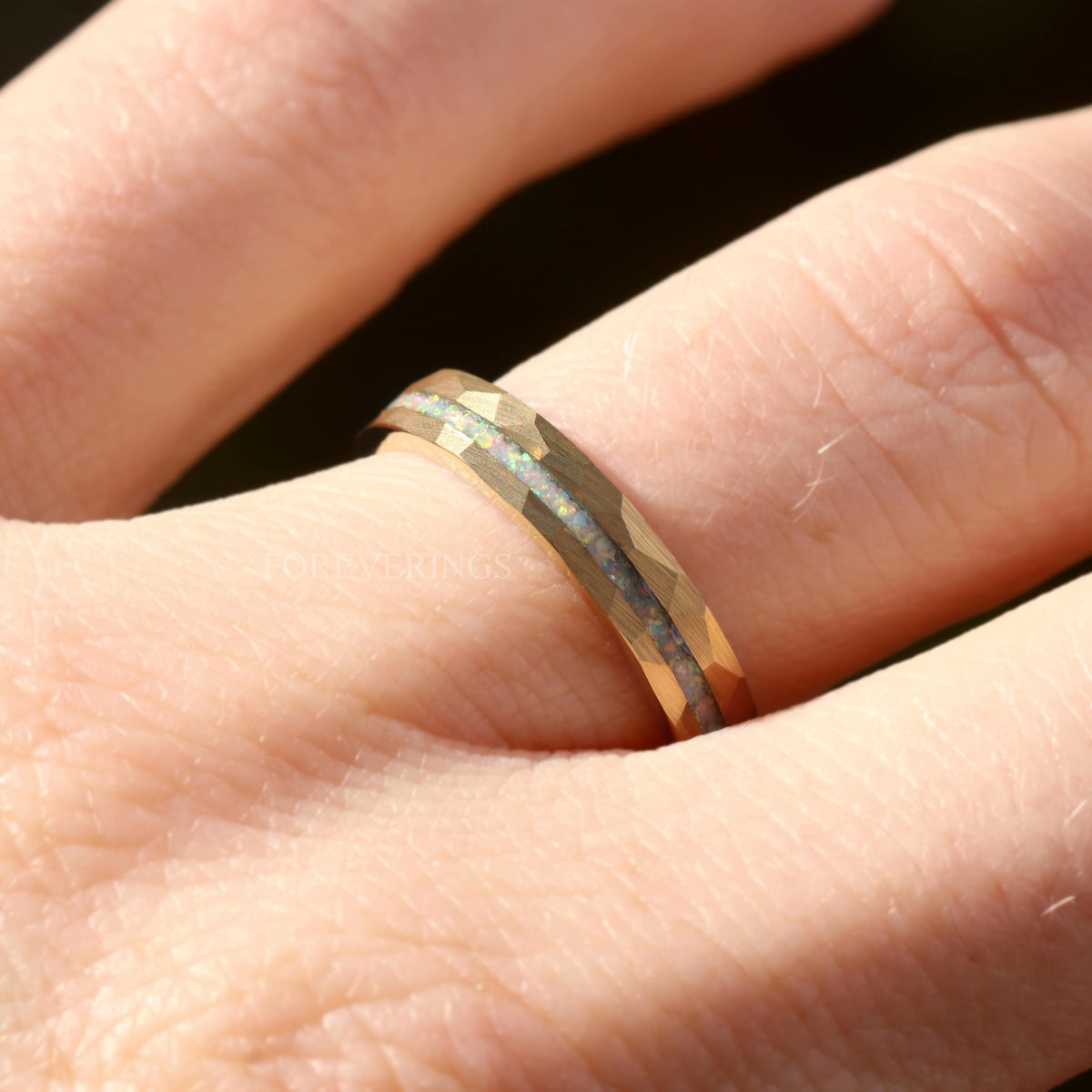 White Fire Opal | Hammered Tungsten Band in Rose or Yellow Gold