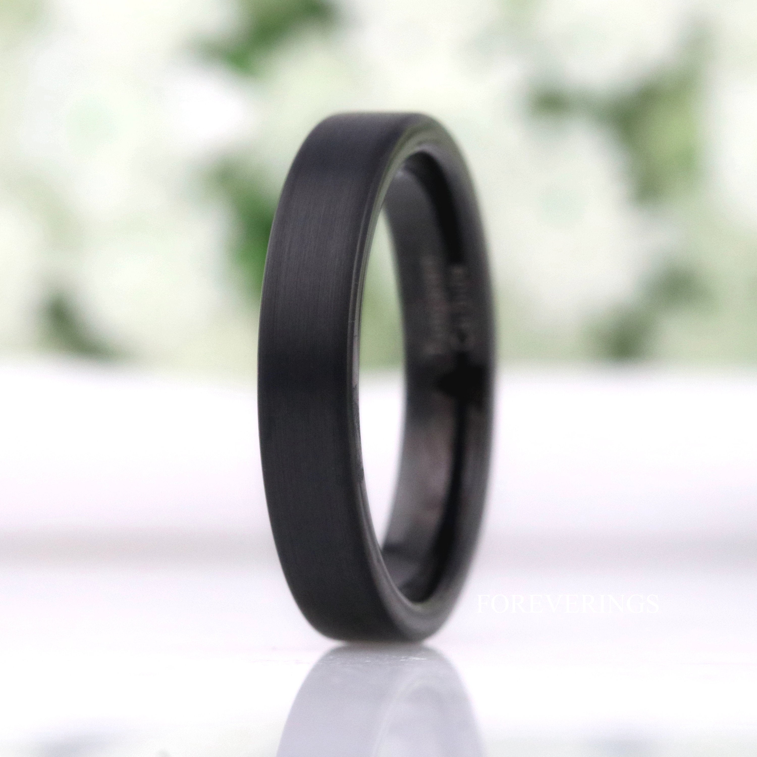 Thin Matte Black Ring, Flat Wedding Band, 2mm 4mm Mens Womens Wedding Ring, Simple Tungsten Band, Thin Custom Engraved Ring