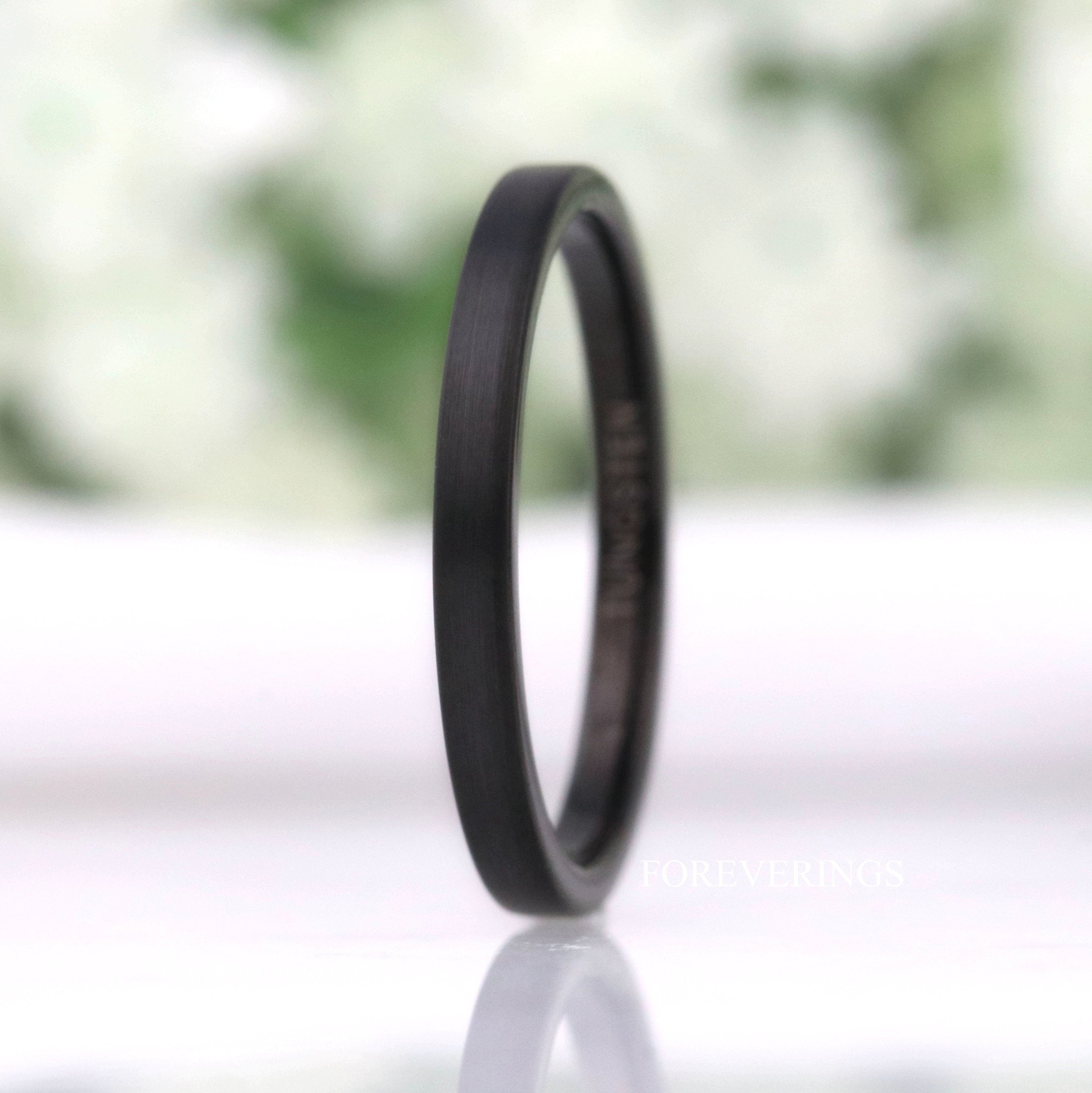 Thin Matte Black Ring, Flat Wedding Band, 2mm 4mm Mens Womens Wedding Ring, Simple Tungsten Band, Thin Custom Engraved Ring