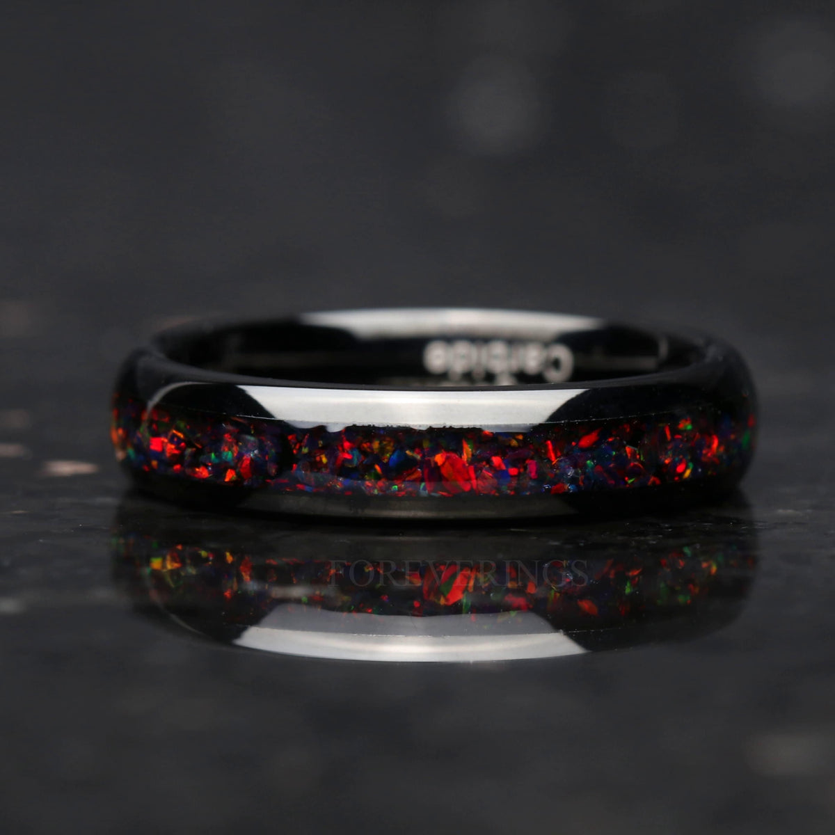 Black Fire Opal | 4mm Tungsten Wedding Band