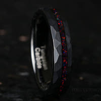 Black Fire Opal Offset Inlay Black Tungsten Ring | Hammered Wedding Band