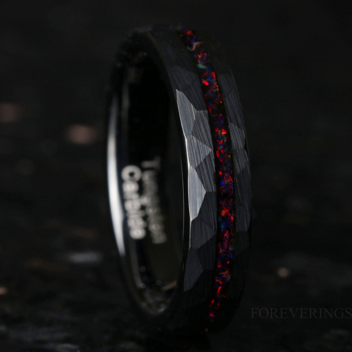 Black Fire Opal Offset Inlay Black Tungsten Ring | Hammered Wedding Band