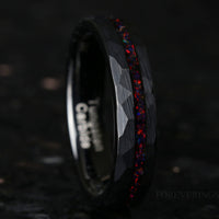 Black Fire Opal Offset Inlay Black Tungsten Ring | Hammered Wedding Band