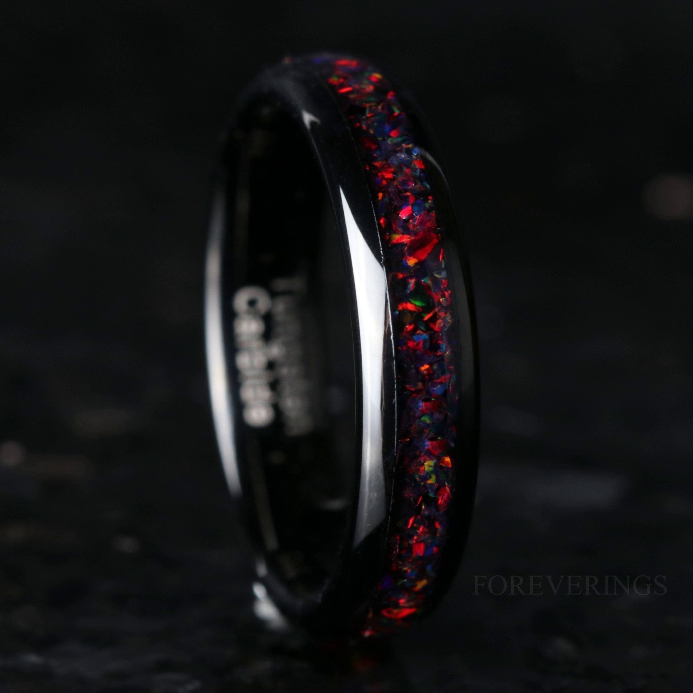 Crushed Black Fire Opal Ring, 4mm Tungsten Wedding Band, Women Men Ring, Black Ring, Black Opal Ring, Dome, Polish, Comfort Fit