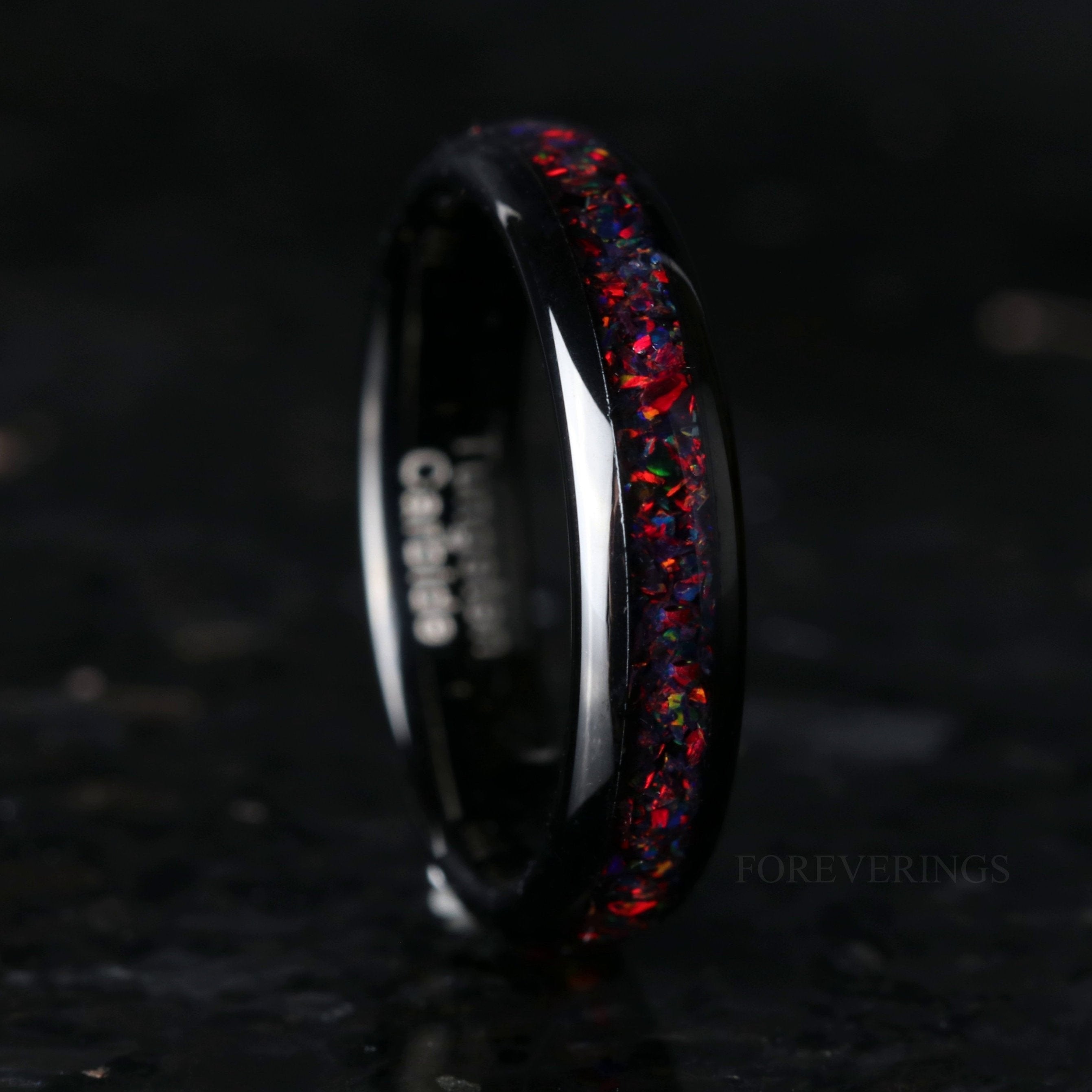 Crushed Black Fire Opal Ring, 4mm Tungsten Wedding Band, Women Men Ring, Black Ring, Black Opal Ring, Dome, Polish, Comfort Fit