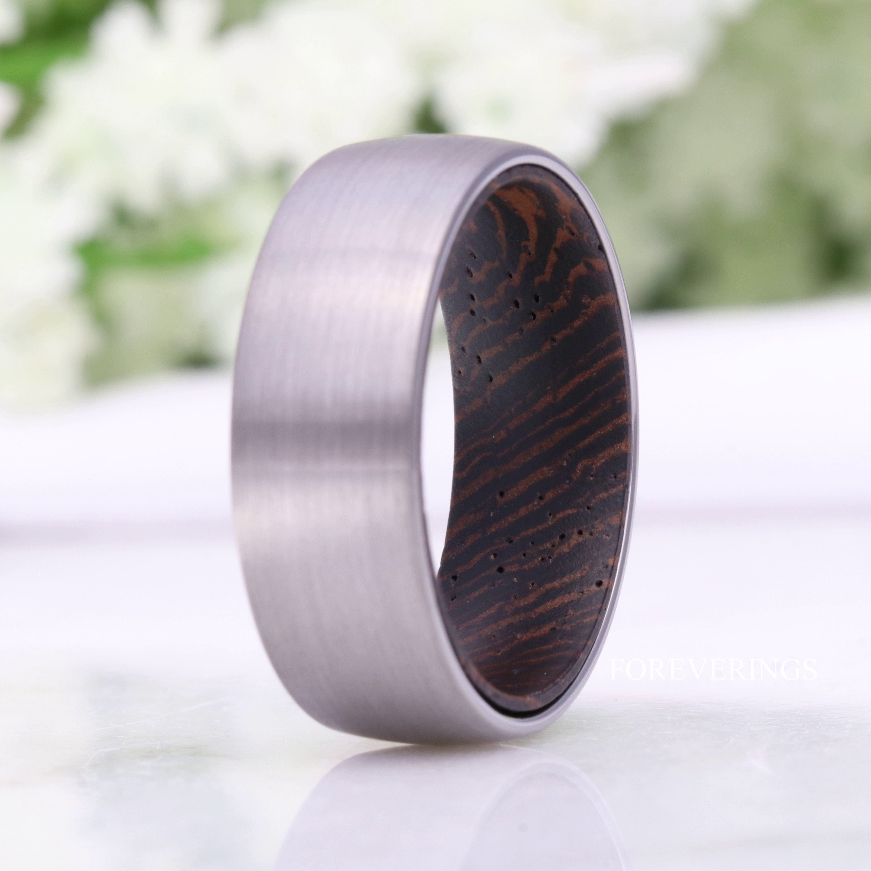 Wood Ring Men, Wedding Band, Silver Tungsten Ring, Dark Wood Ring, Man Anniversary Gift for Him, Matte, Brushed Ring, Dome, Unique Ring