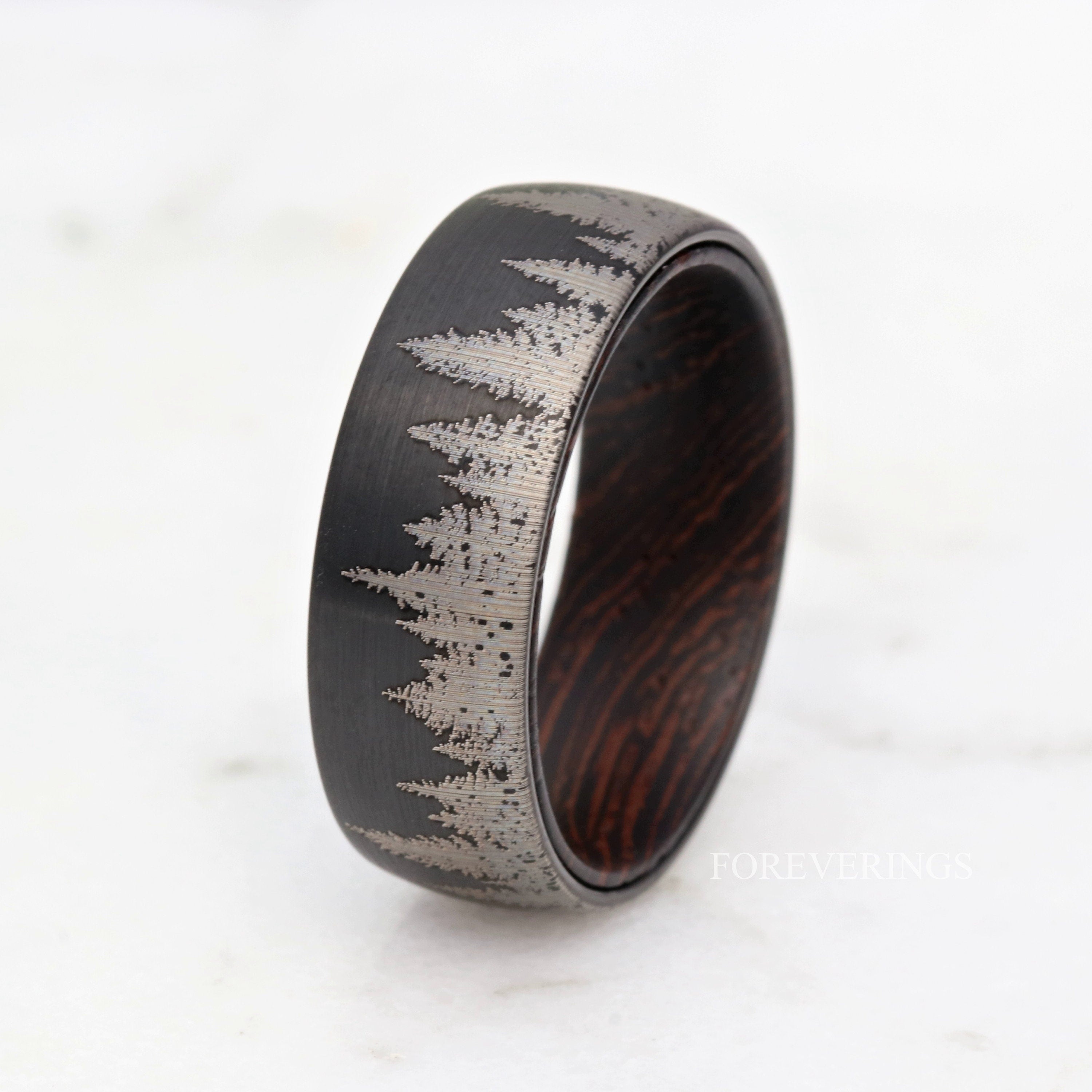 8mm Men Tungsten Wedding Band, Wenge Wood Ring, Dark Wood, Forest Trees Band, Black, Matte Brushed, Nature Landscape Ring, Comfort Fit, Dome