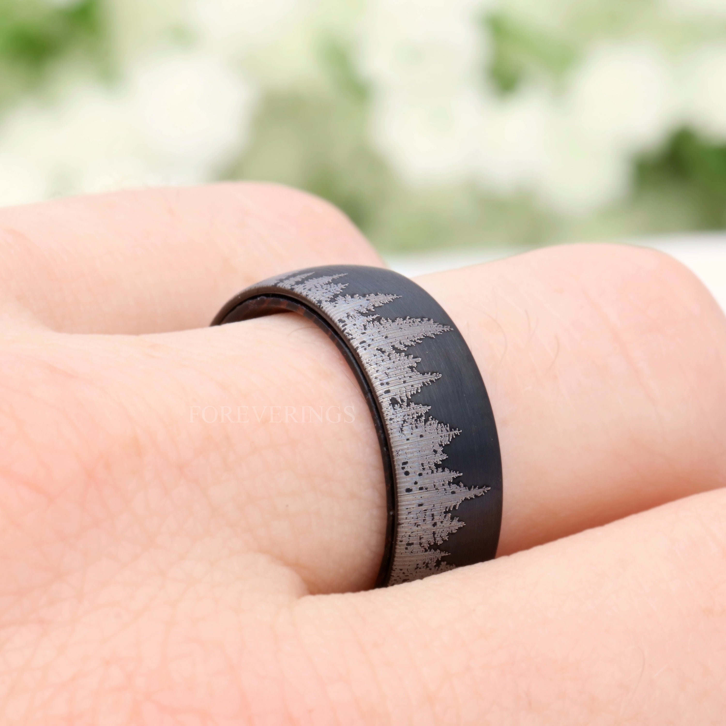 8mm Men Tungsten Wedding Band, Wenge Wood Ring, Dark Wood, Forest Trees Band, Black, Matte Brushed, Nature Landscape Ring, Comfort Fit, Dome