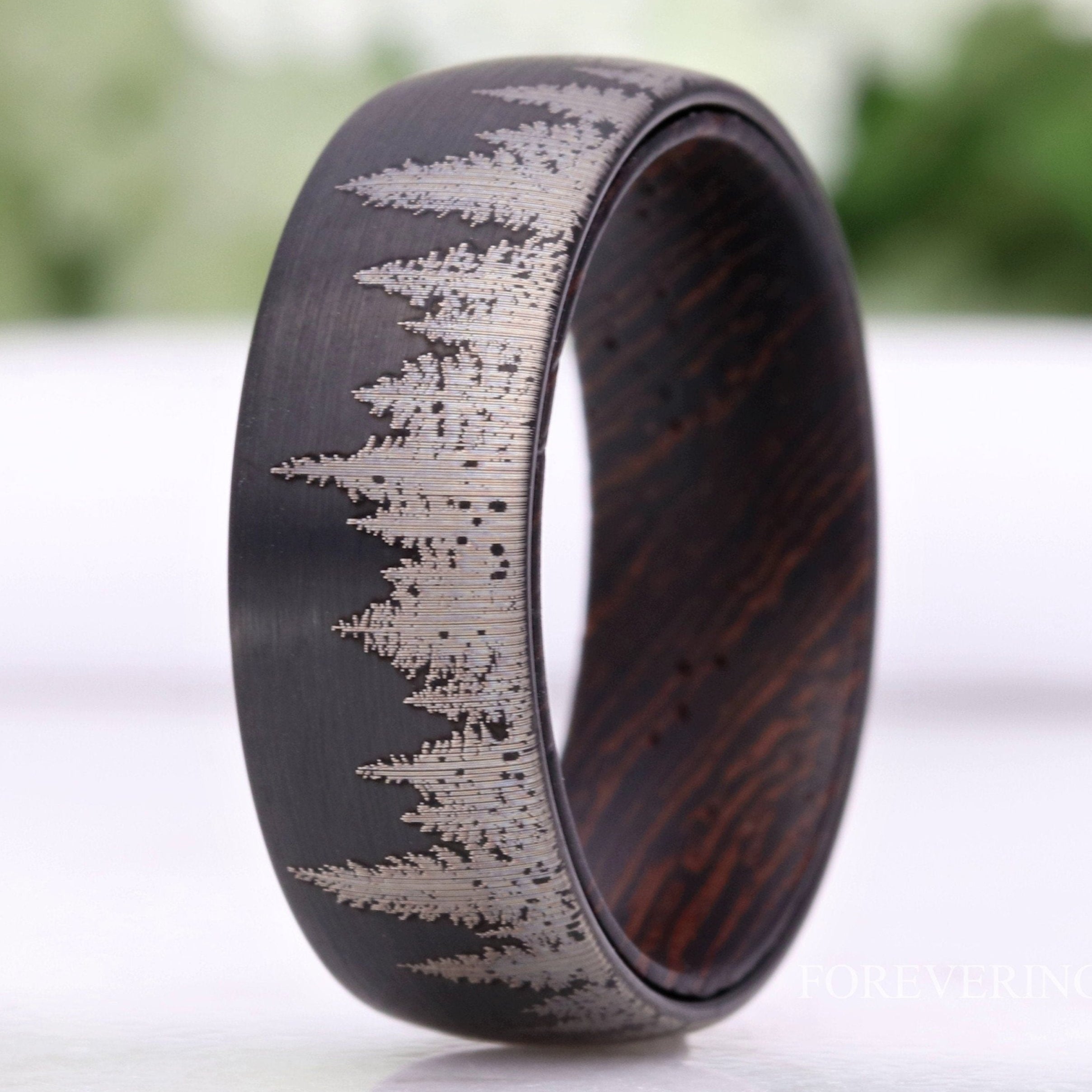 8mm Men Tungsten Wedding Band, Wenge Wood Ring, Dark Wood, Forest Trees Band, Black, Matte Brushed, Nature Landscape Ring, Comfort Fit, Dome