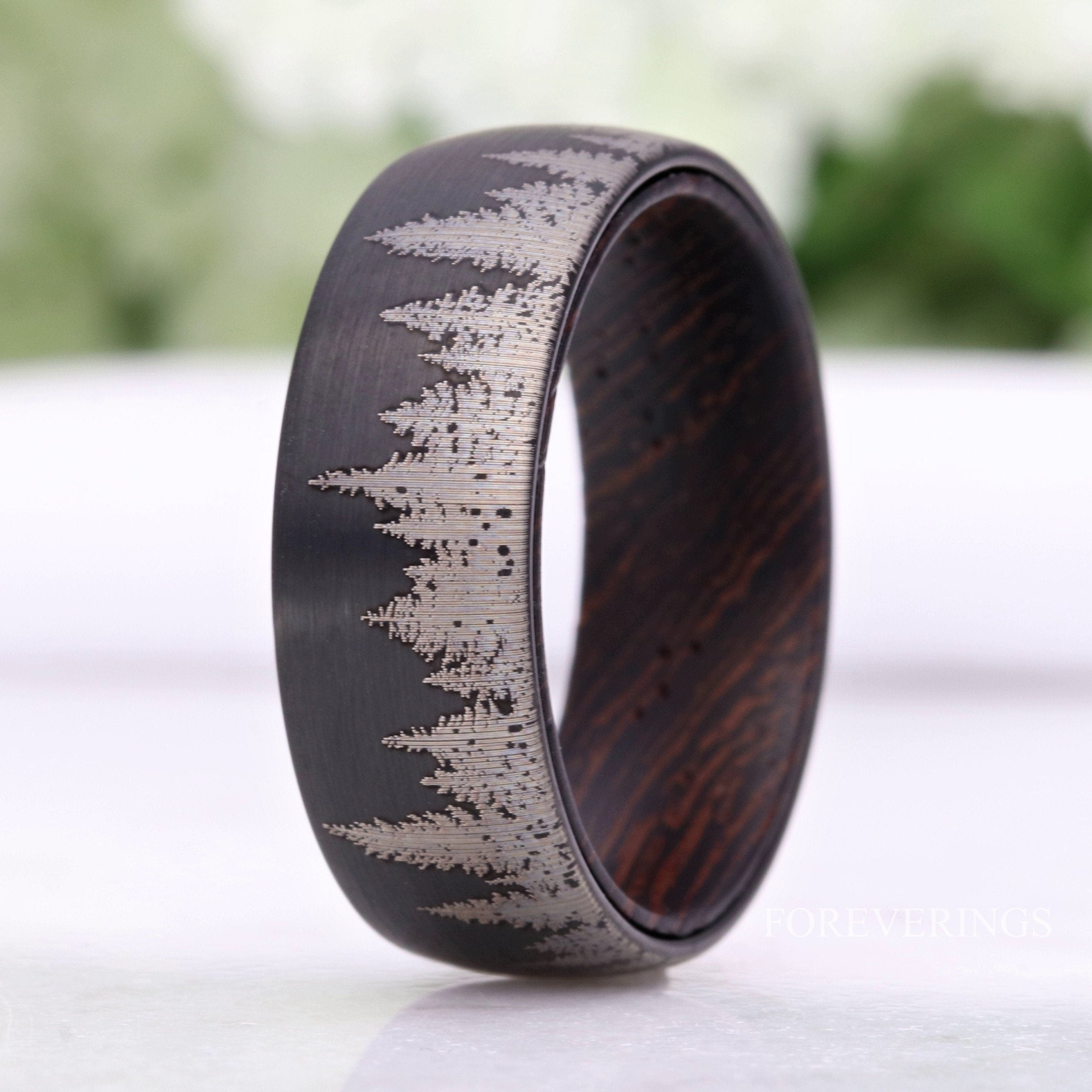 8mm Men Tungsten Wedding Band, Wenge Wood Ring, Dark Wood, Forest Trees Band, Black, Matte Brushed, Nature Landscape Ring, Comfort Fit, Dome