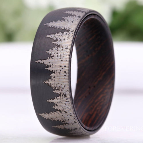 8mm Men Tungsten Wedding Band, Wenge Wood Ring, Dark Wood, Forest Trees Band, Black, Matte Brushed, Nature Landscape Ring, Comfort Fit, Dome