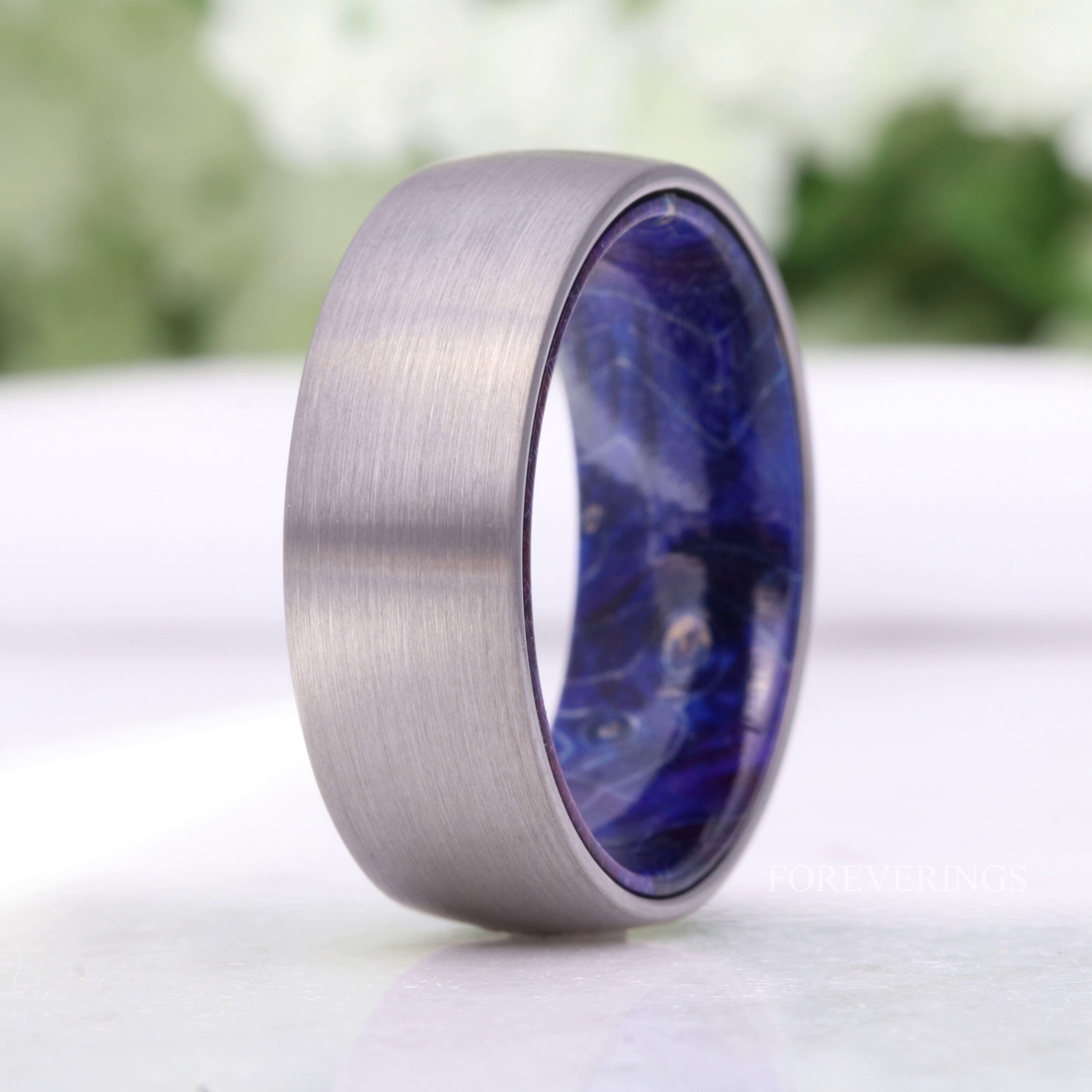 8mm Blue Wood Ring, Men Tungsten Wedding Band, Elder Wood, No Plating, Brushed Matte Tungsten Band, Dome, Comfort Fit